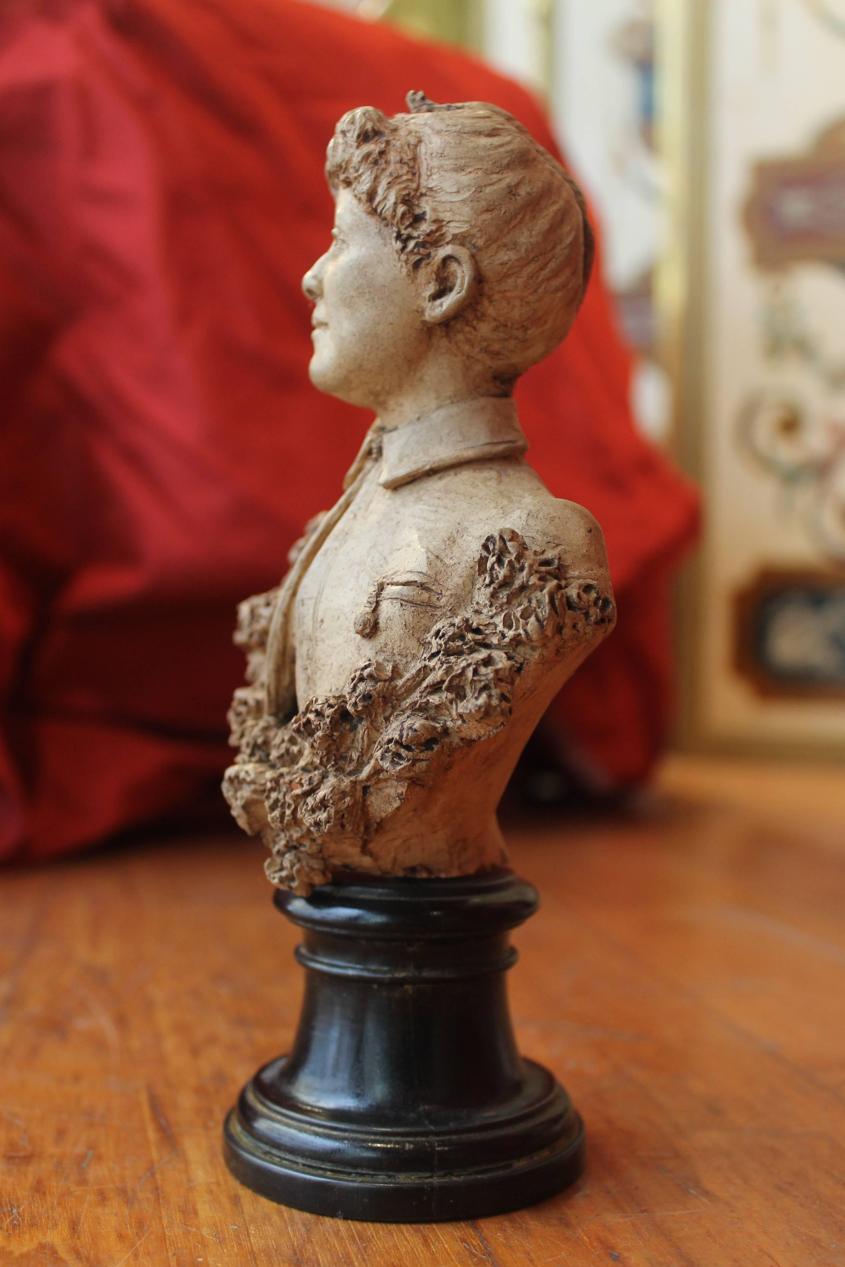 19th Century Italian Female Terracotta Bust on Ebonized Base Signed and Dated 1