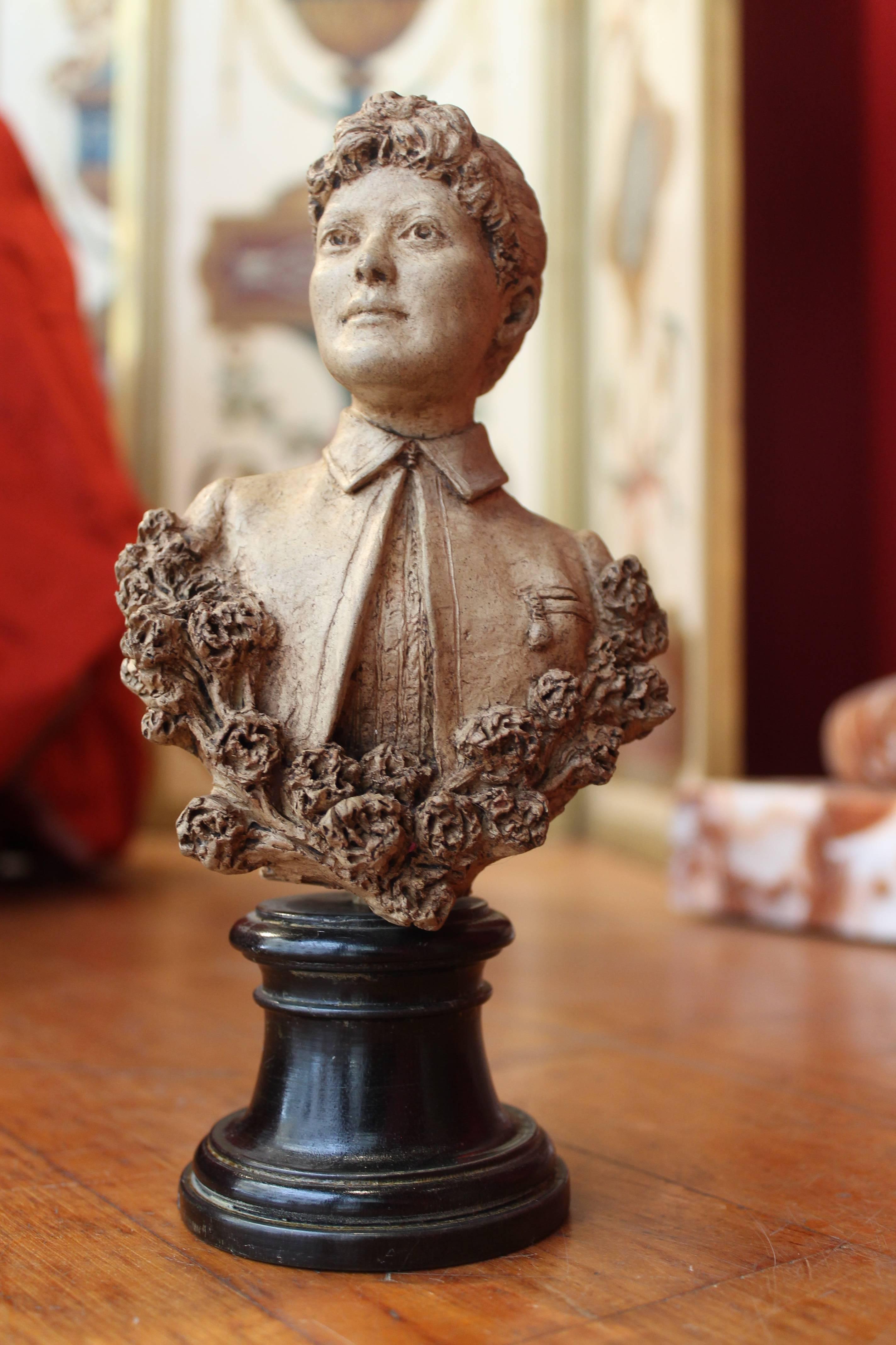 19th Century Italian Female Terracotta Bust on Ebonized Base Signed and Dated 3
