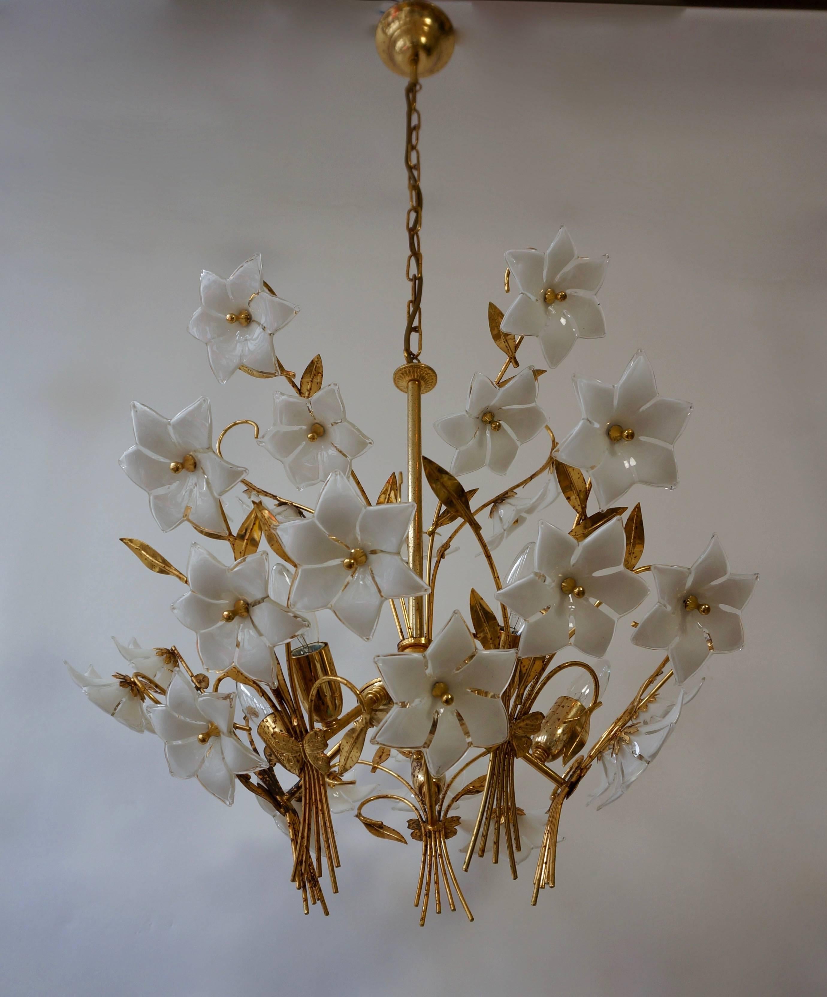 Hollywood Regency Brass and Murano Glass Chandelier