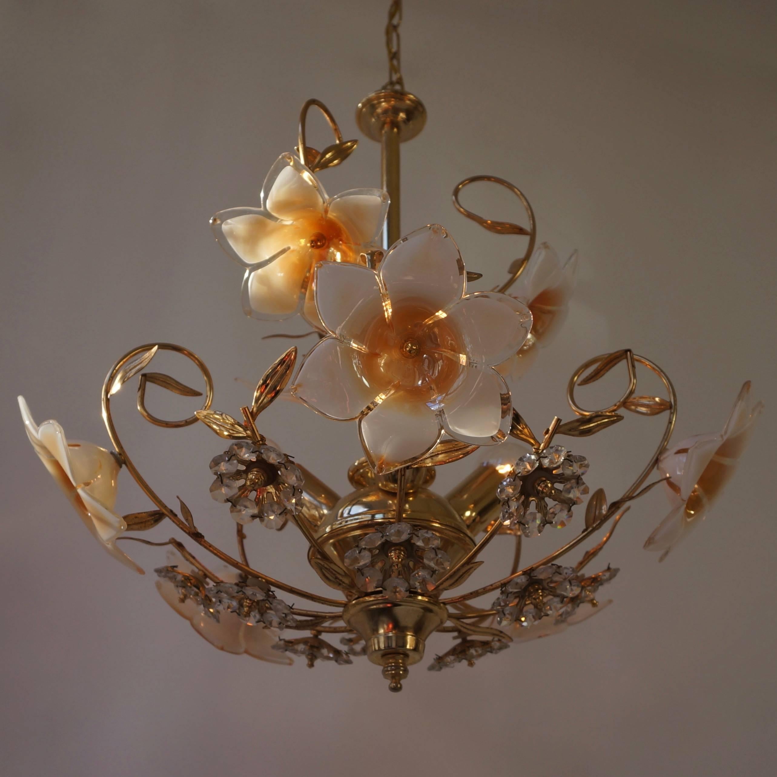 Hollywood Regency Italian Brass Ans Murano Glass Chandelier For Sale