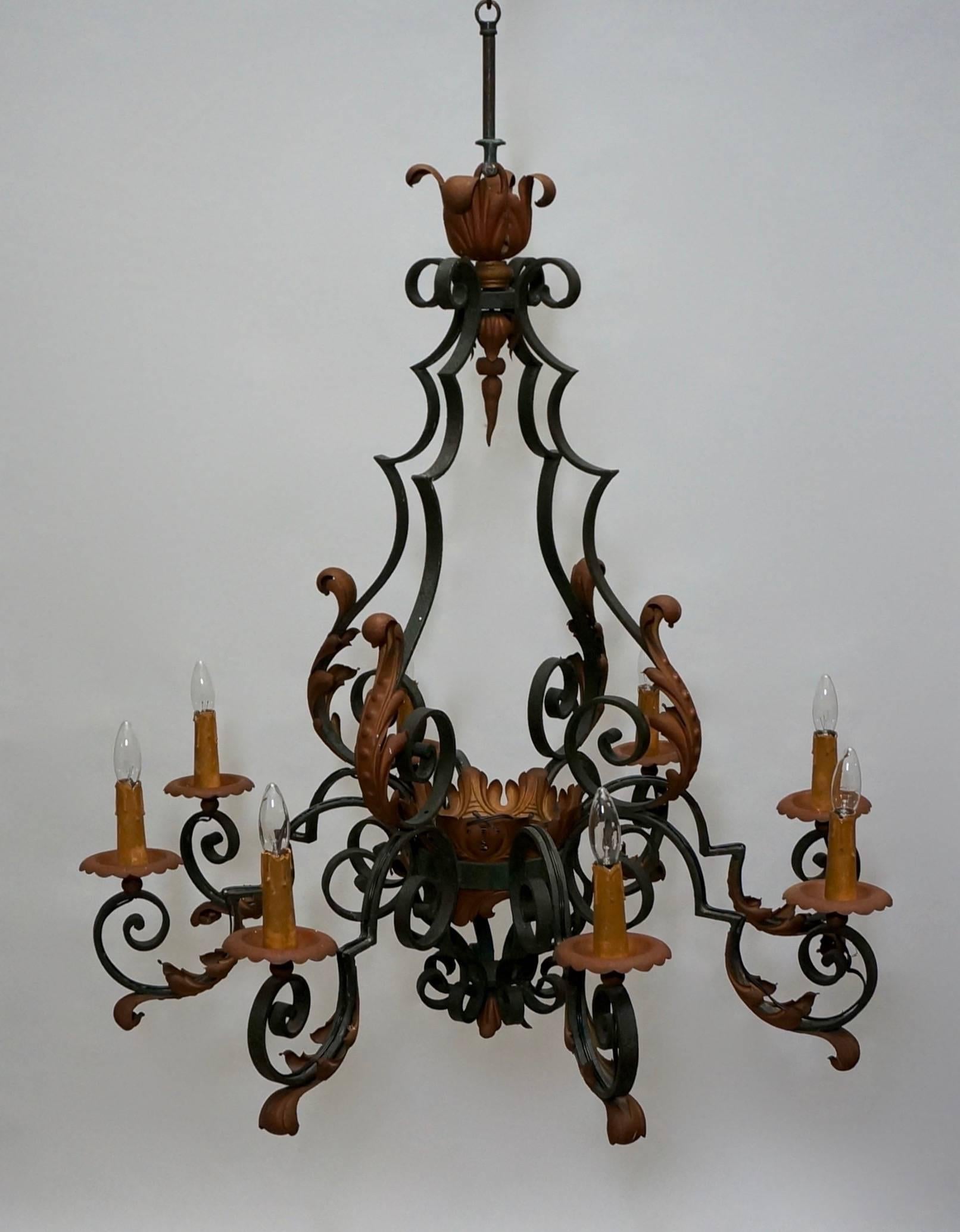 Rustic French Eight-Light Wrought Iron Chandelier