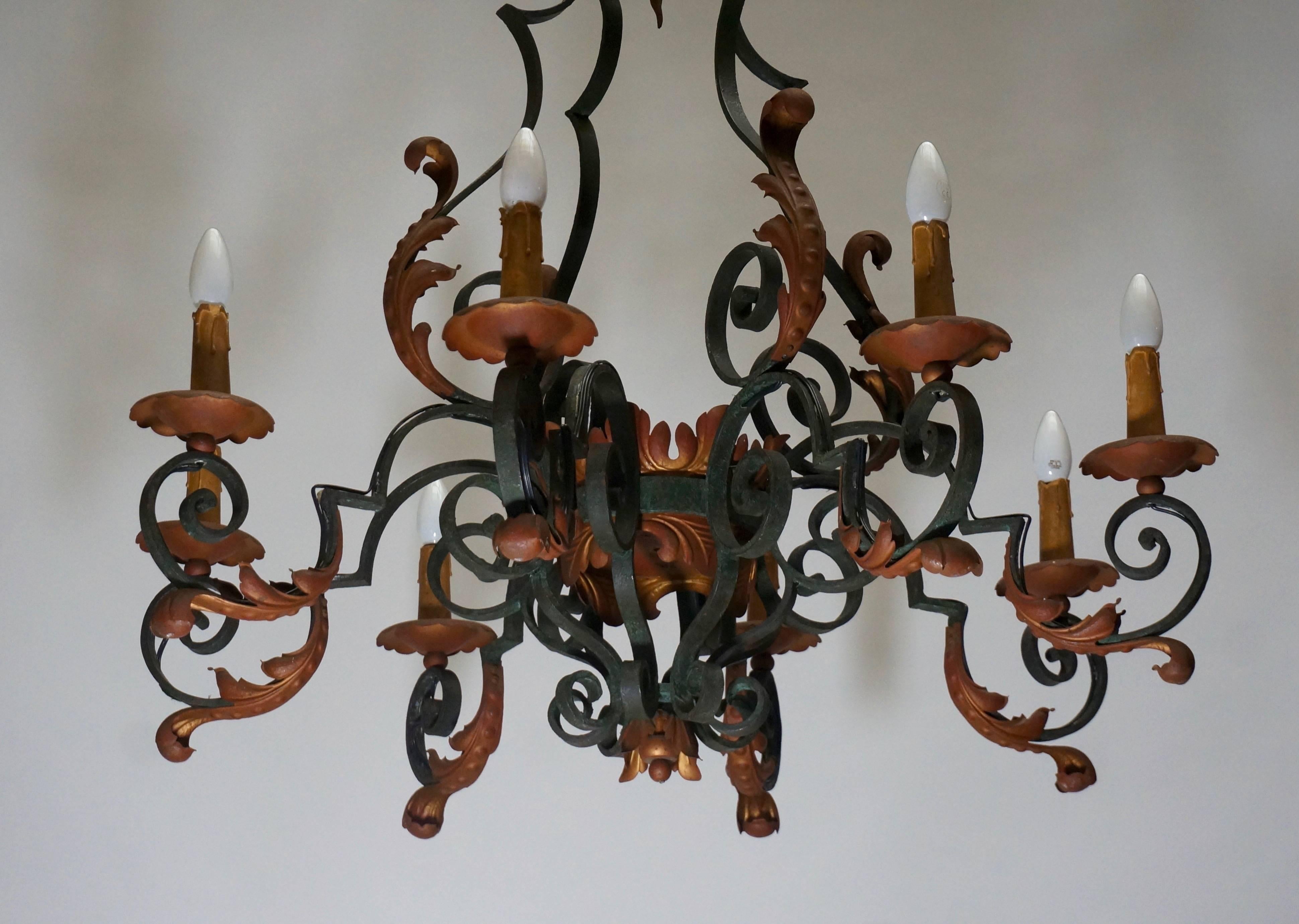 20th Century French Eight-Light Wrought Iron Chandelier