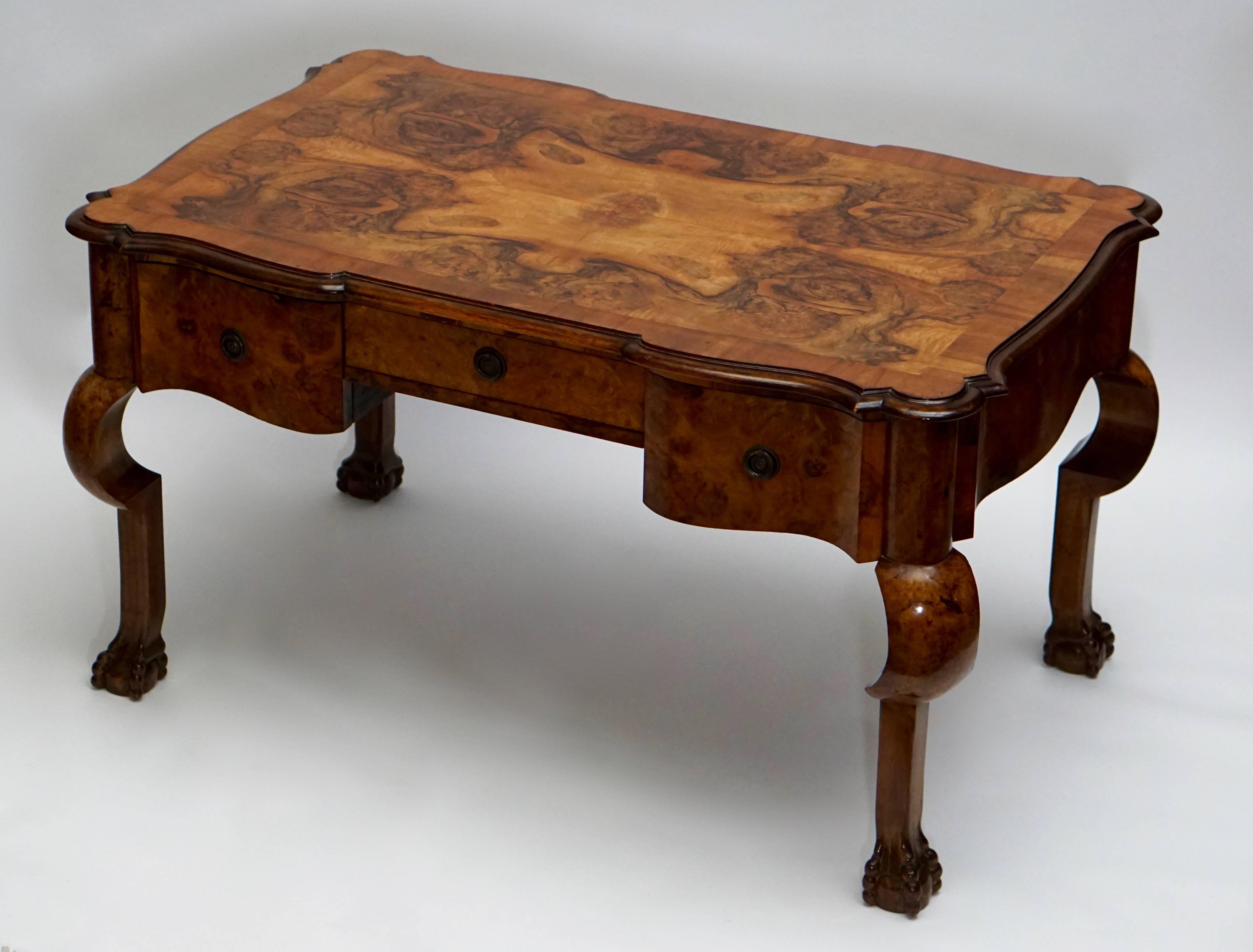 Brass 19th Century Burl Walnut Partner's Desk with Armchair For Sale