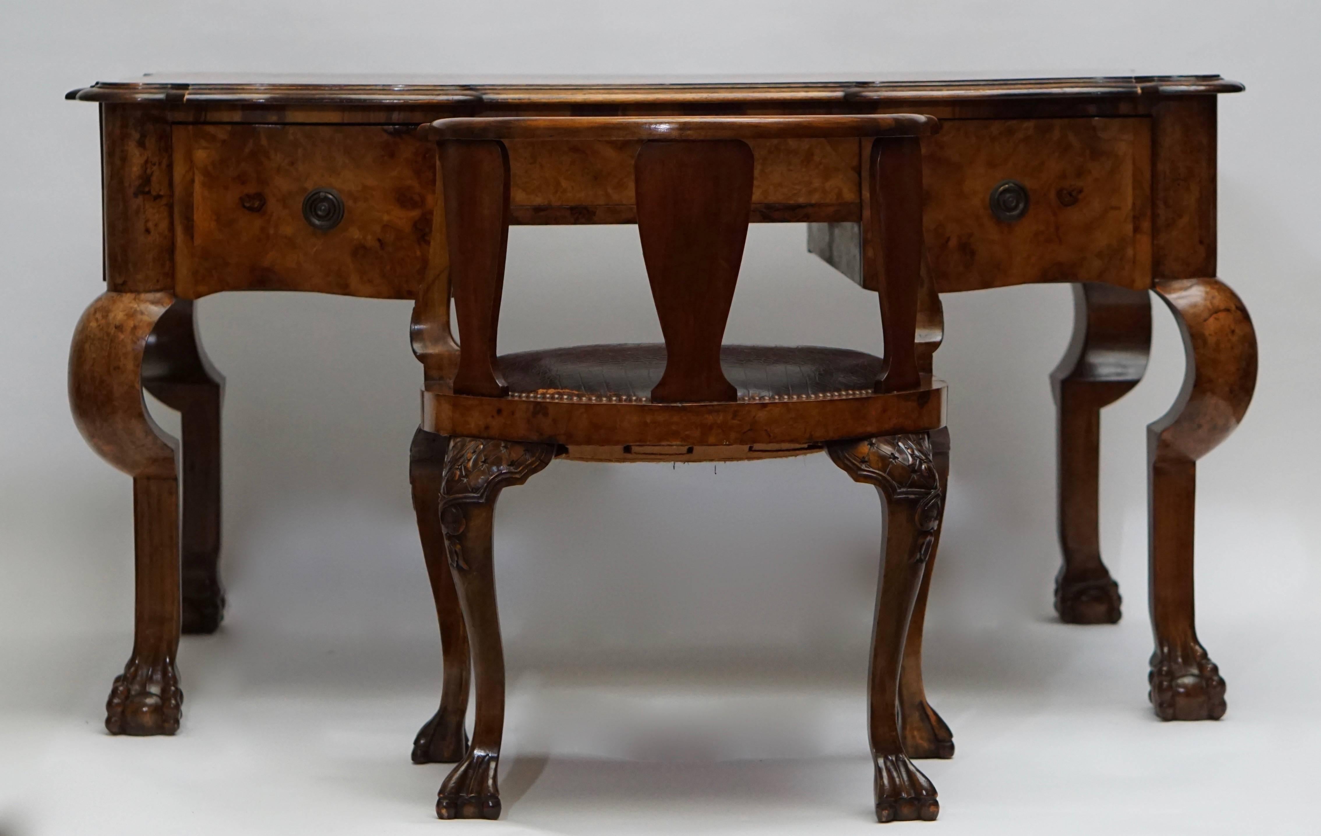 English 19th Century Burl Walnut Partner's Desk with Armchair For Sale