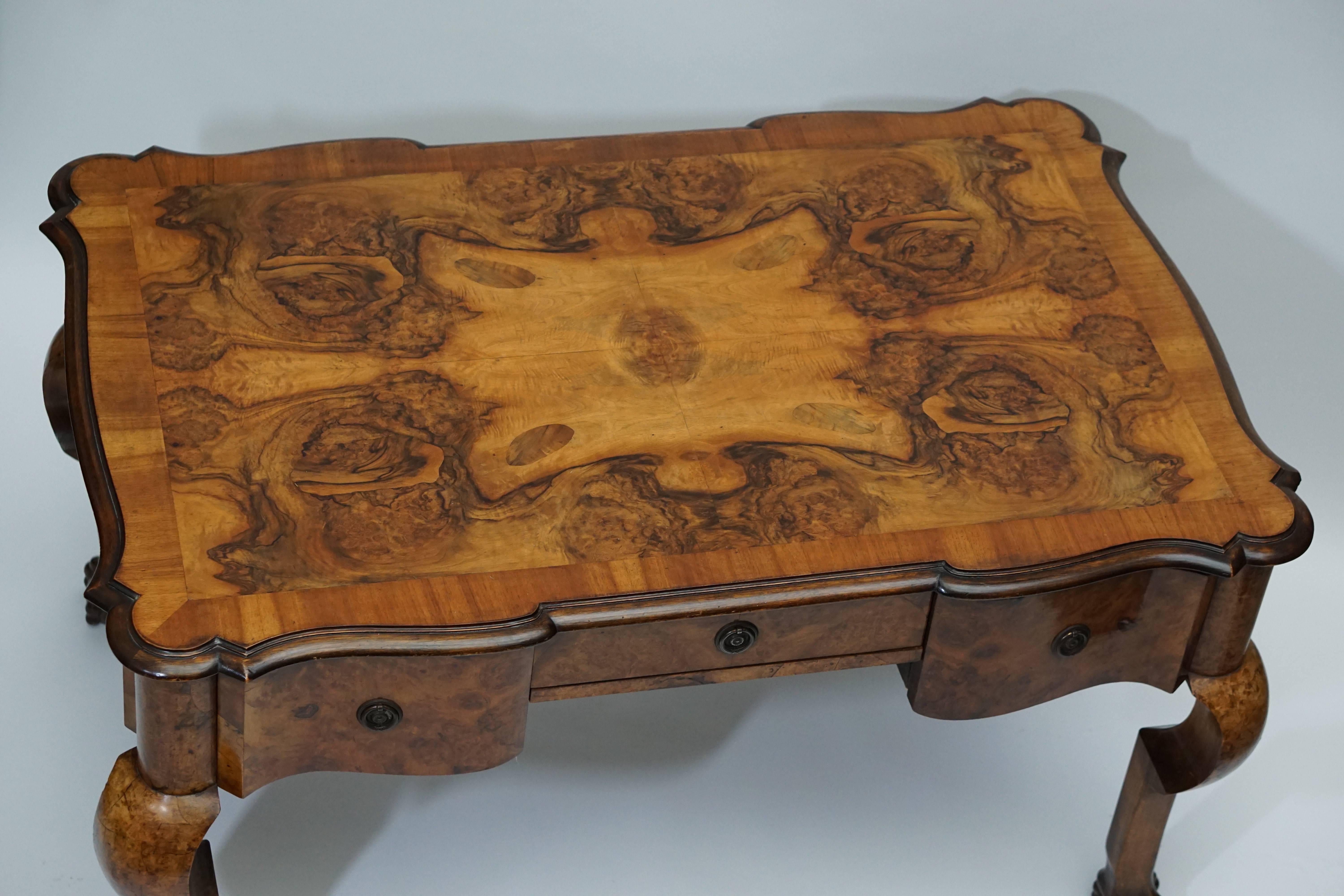Queen Anne 19th Century Burl Walnut Partner's Desk with Armchair For Sale