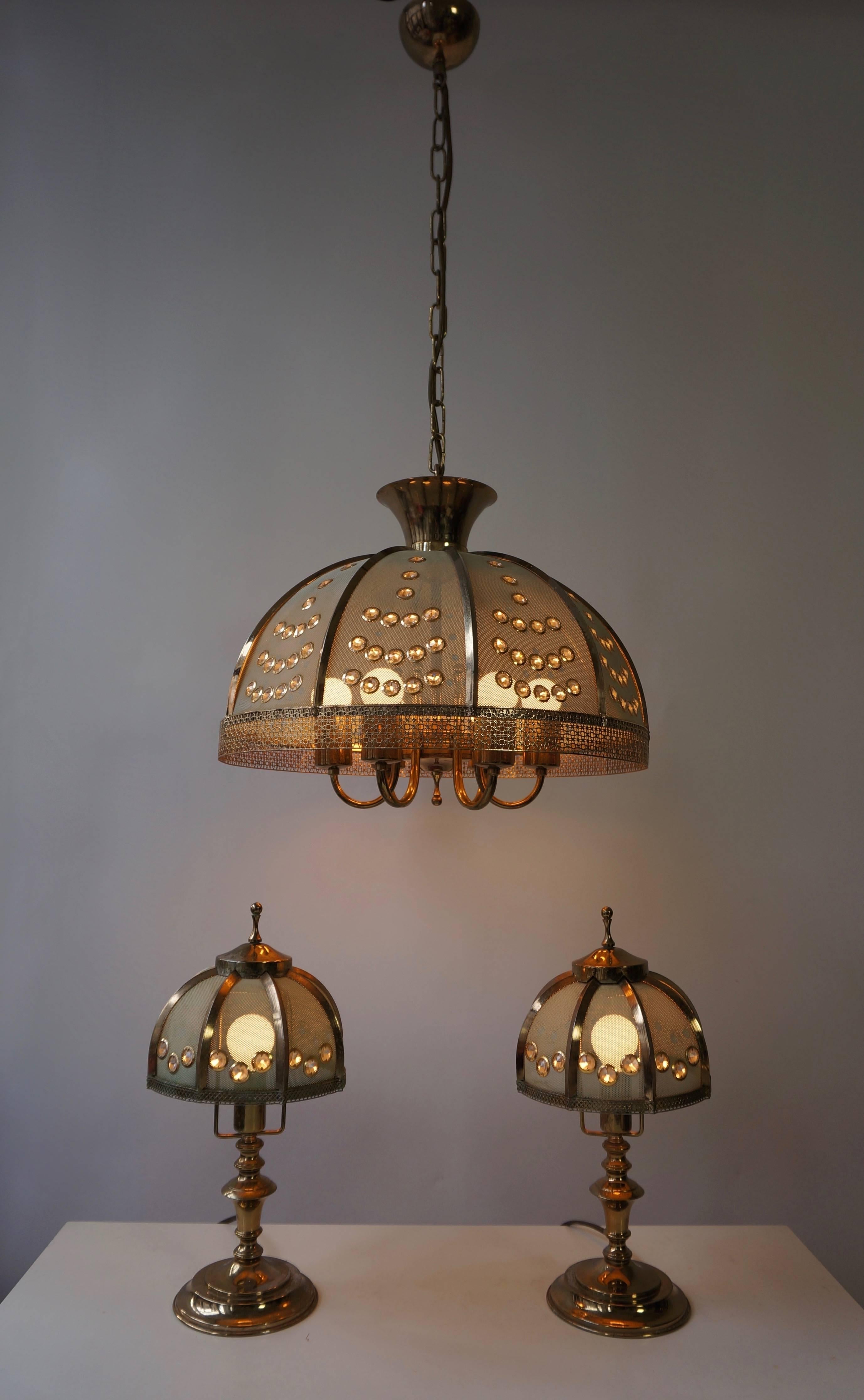 Brass Set of Two Table Lamps and Pendant Lamp