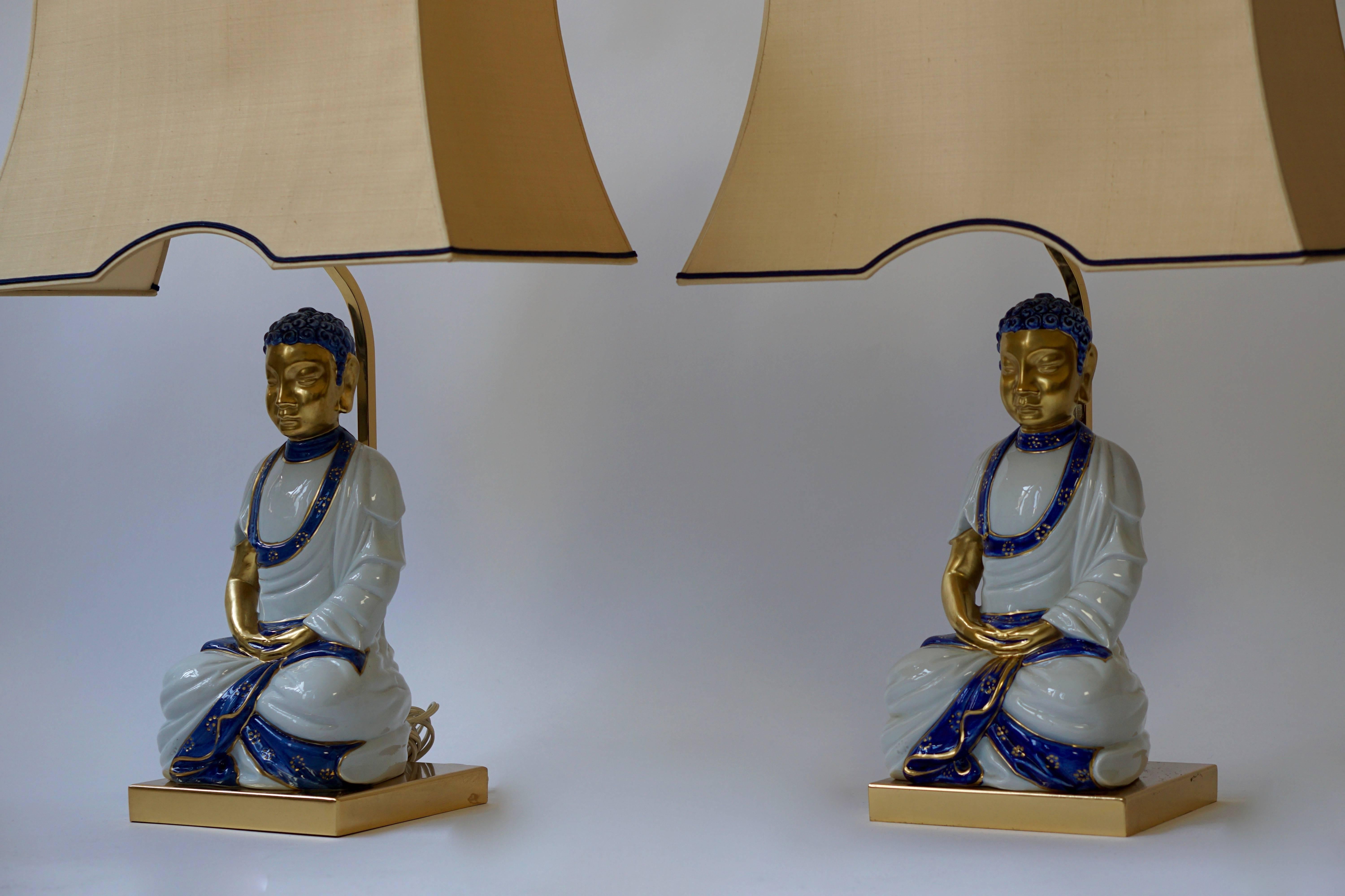 Brass Pair of Hollywood Regency Standing Buddha Table Lamps
