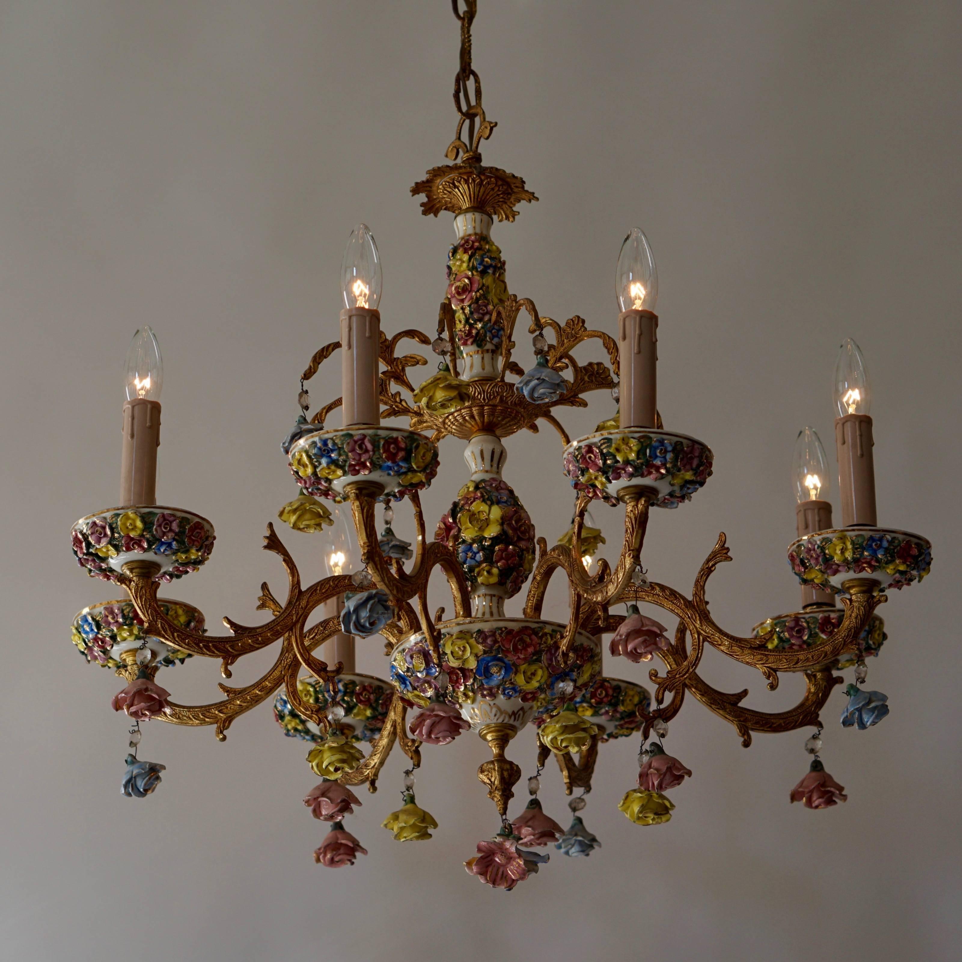 Brass Italian Porcelain Flower Gilt Iron Chandelier