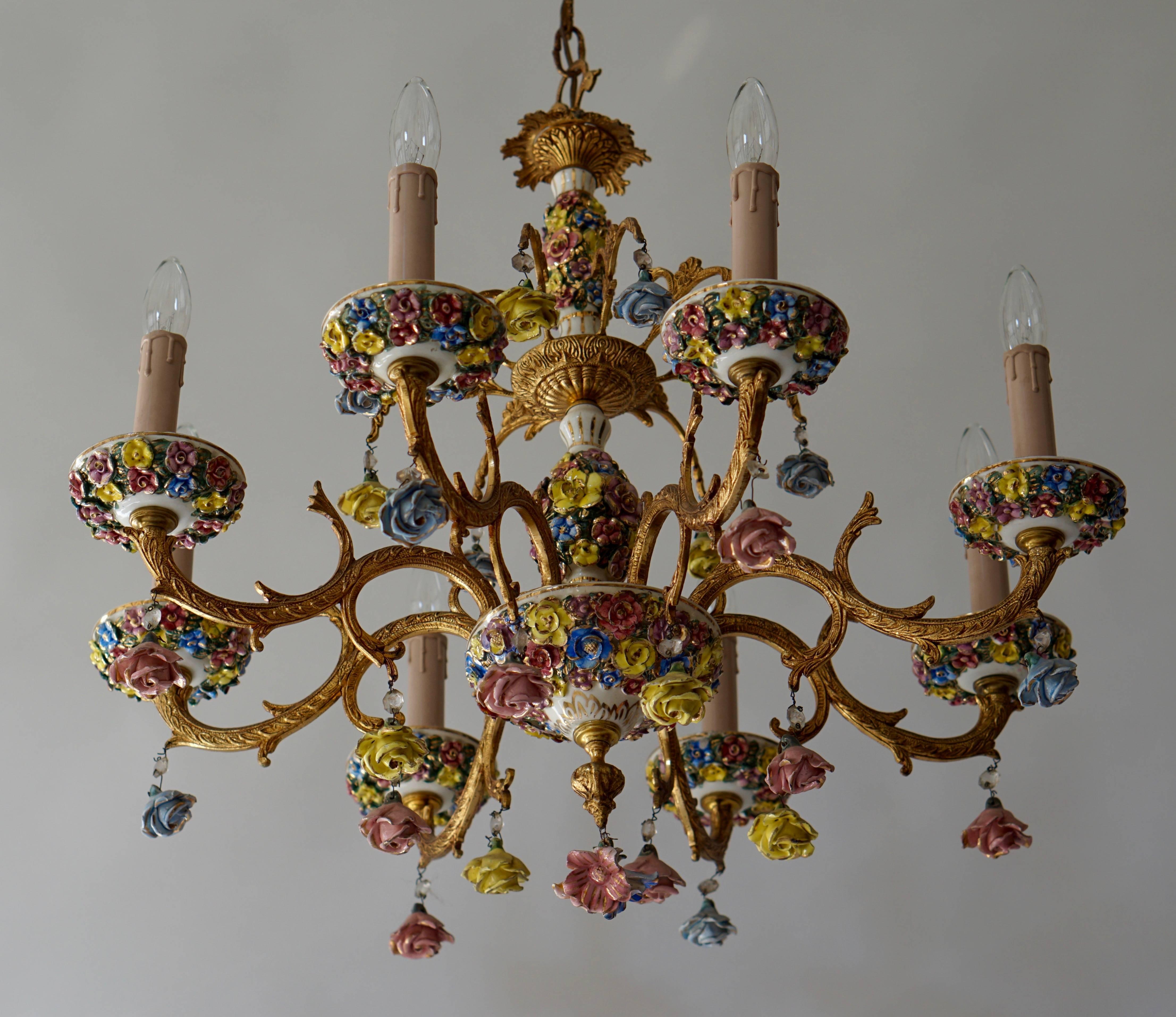 Italian Porcelain Flower Gilt Iron Chandelier In Excellent Condition In Antwerp, BE