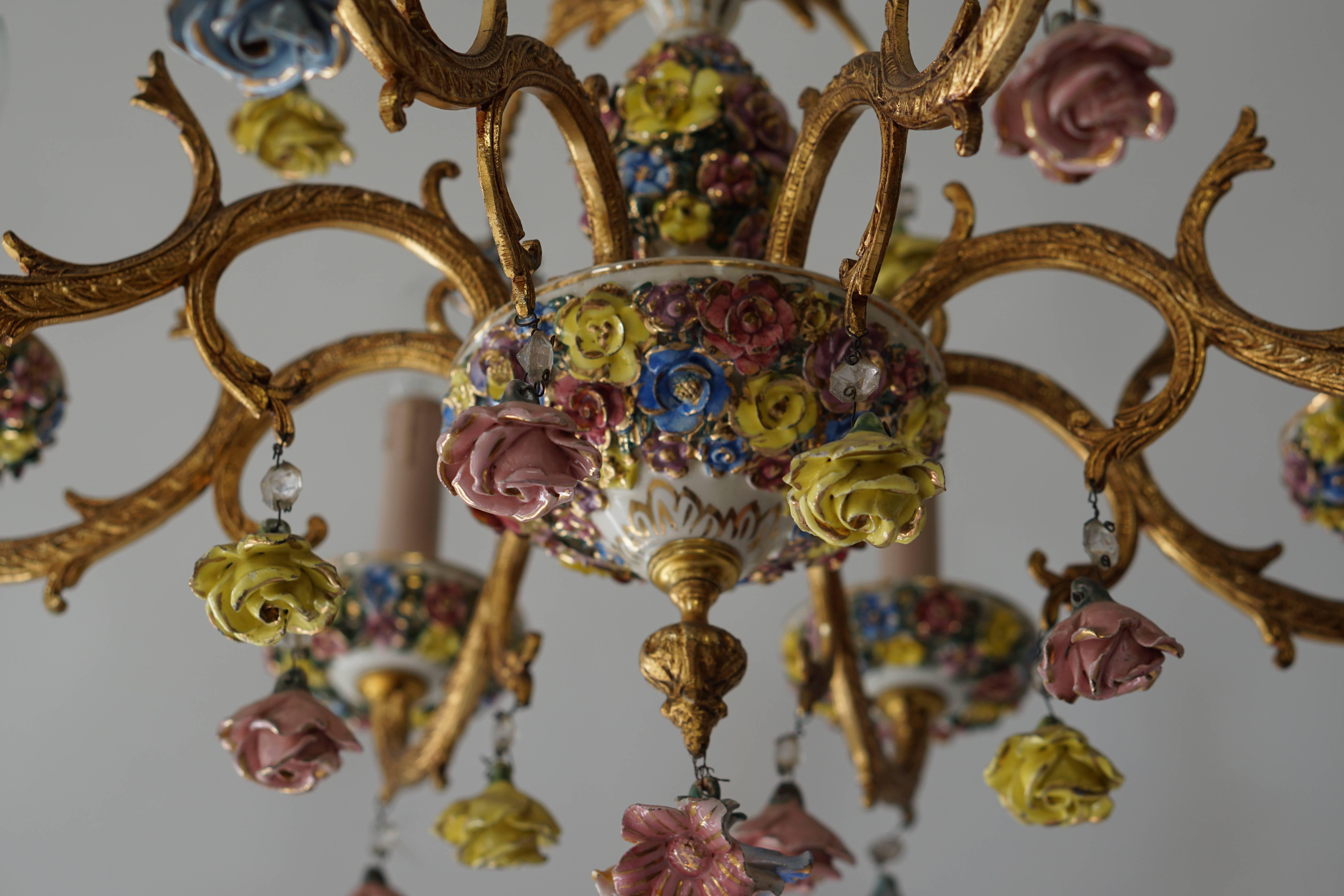 Italian Porcelain Flower Gilt Iron Chandelier 1