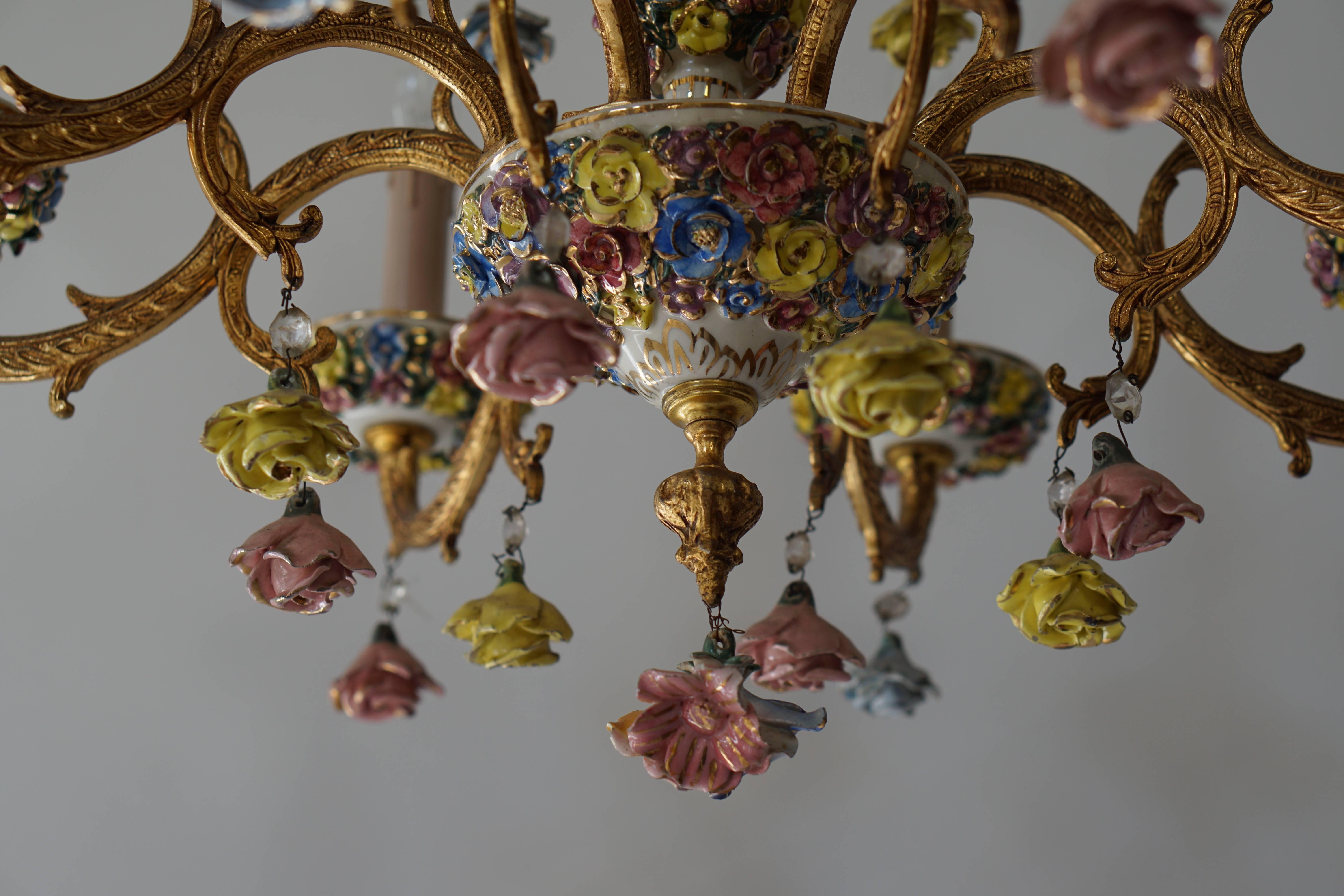 Italian Porcelain Flower Gilt Iron Chandelier 2
