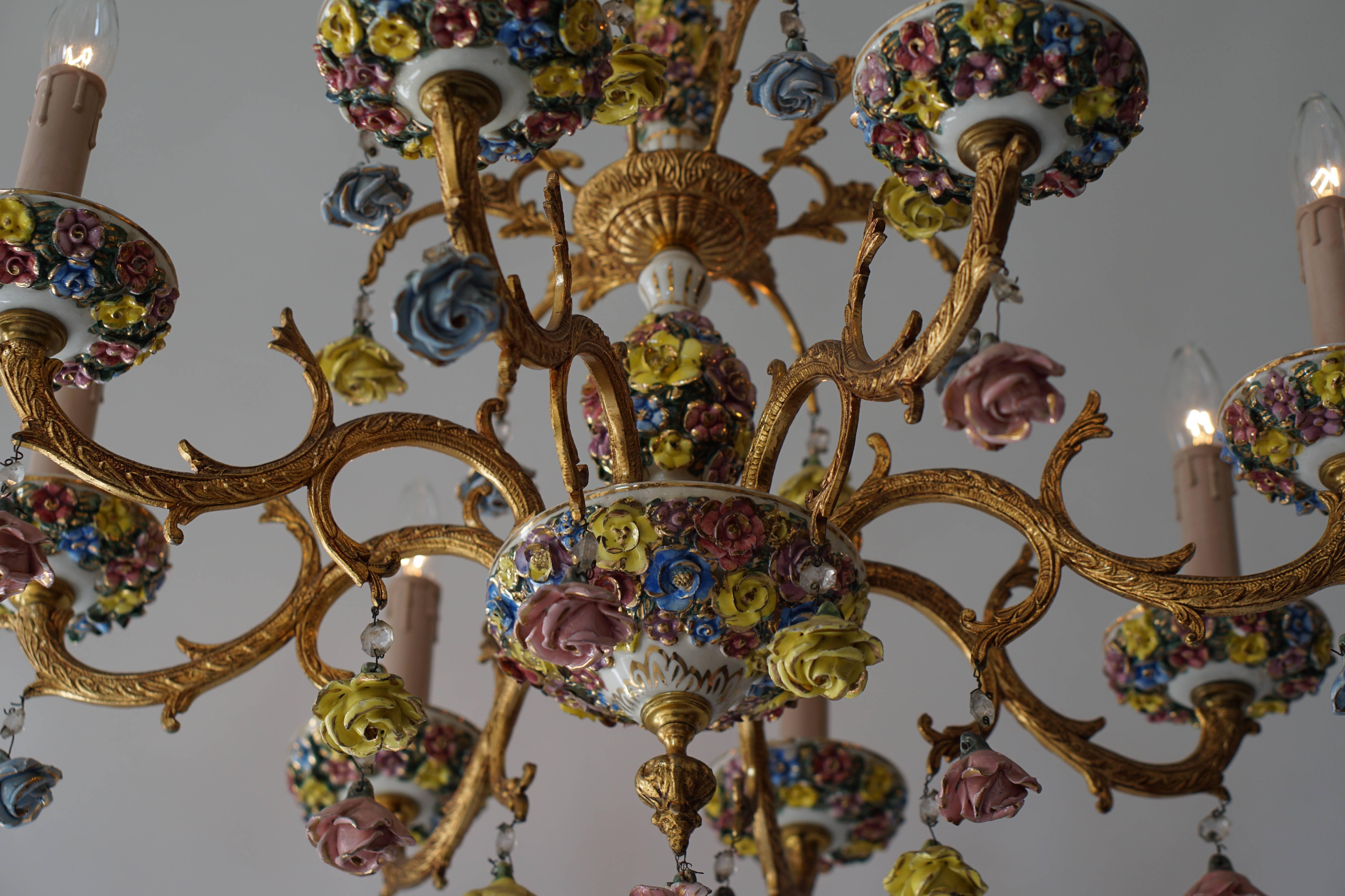 Italian Porcelain Flower Gilt Iron Chandelier 3