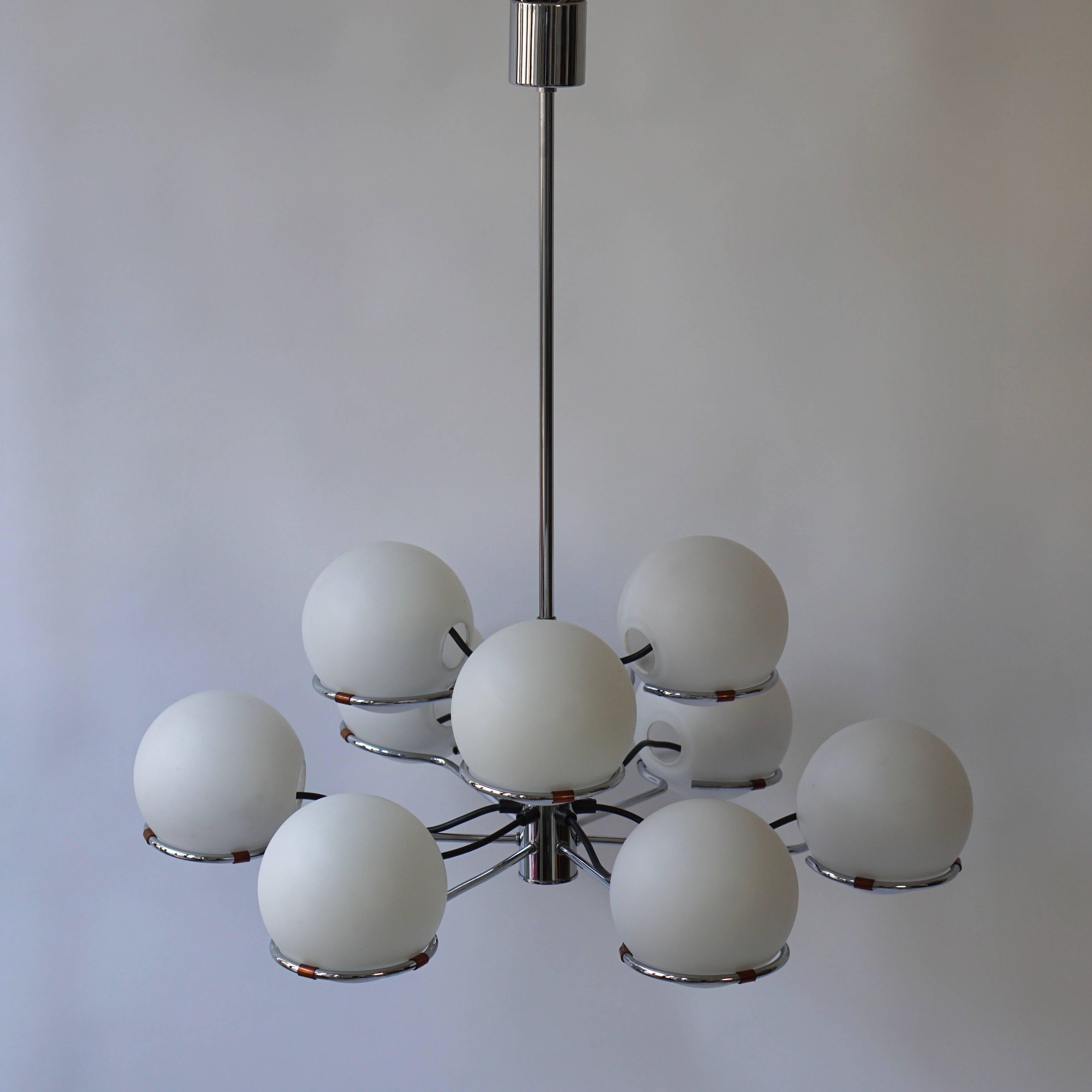 Chrome Murano Chandelier with Nine Glass Globes For Sale