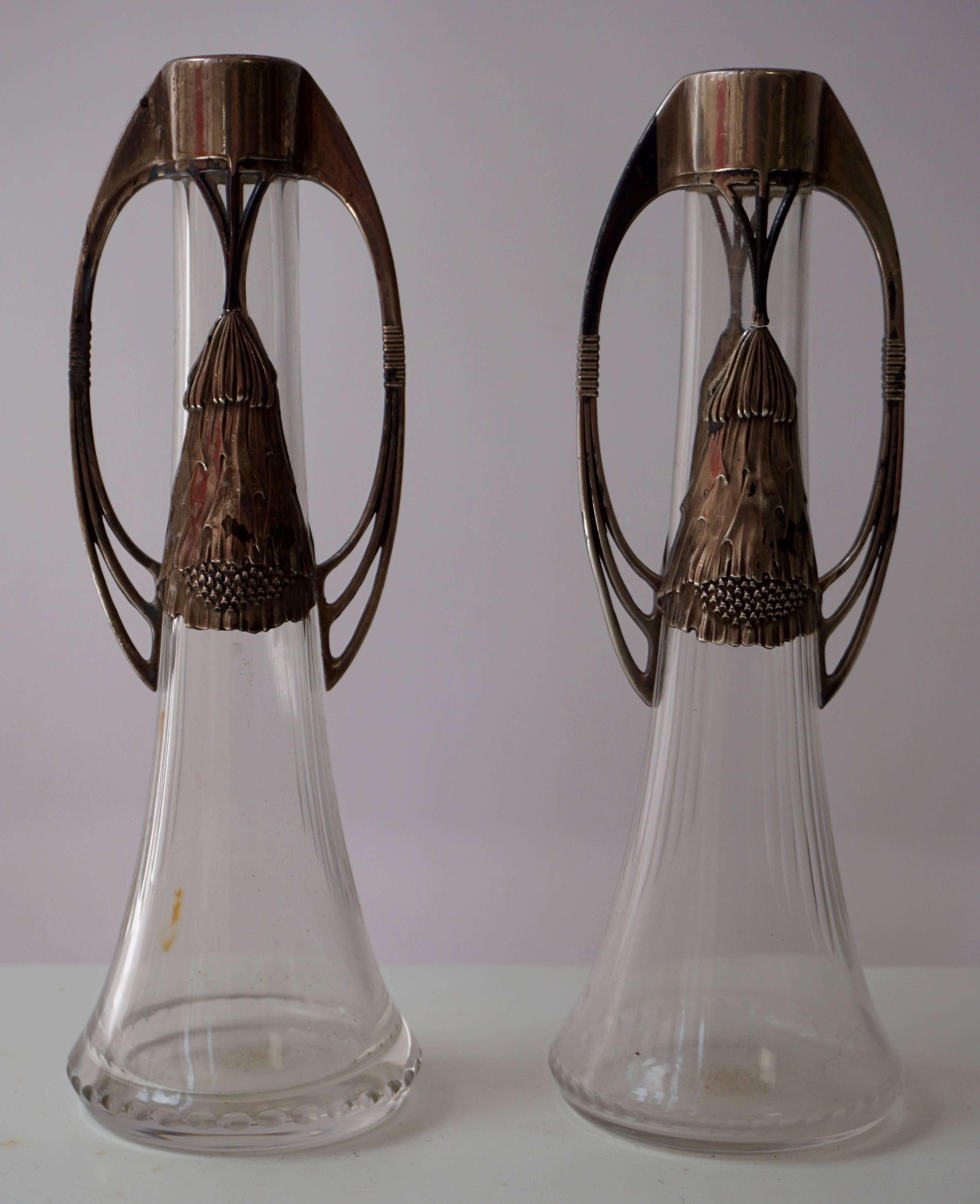 German Pair of WMF Art Nouveau Silver Plated Vases For Sale