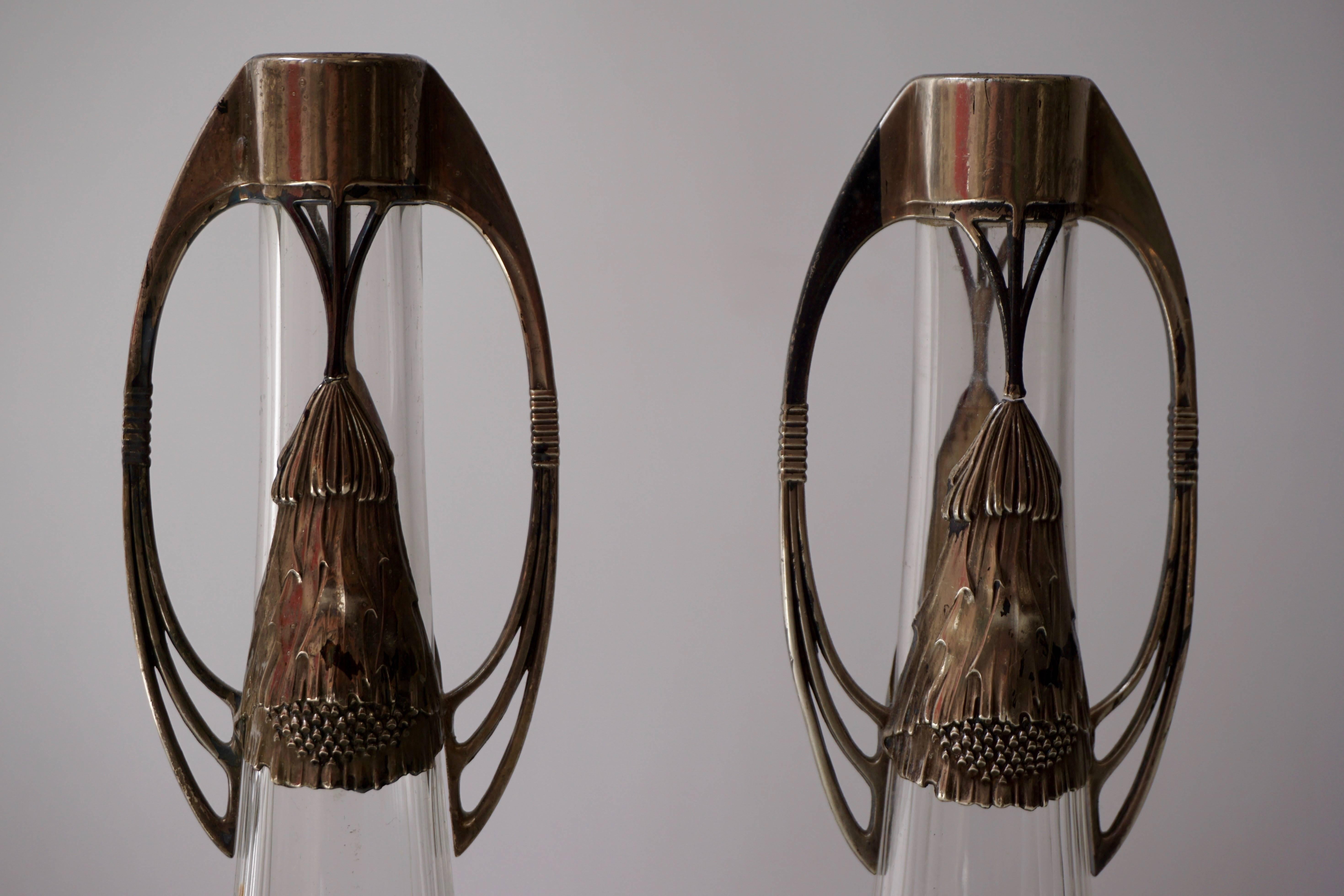 Early 20th Century Pair of WMF Art Nouveau Silver Plated Vases For Sale
