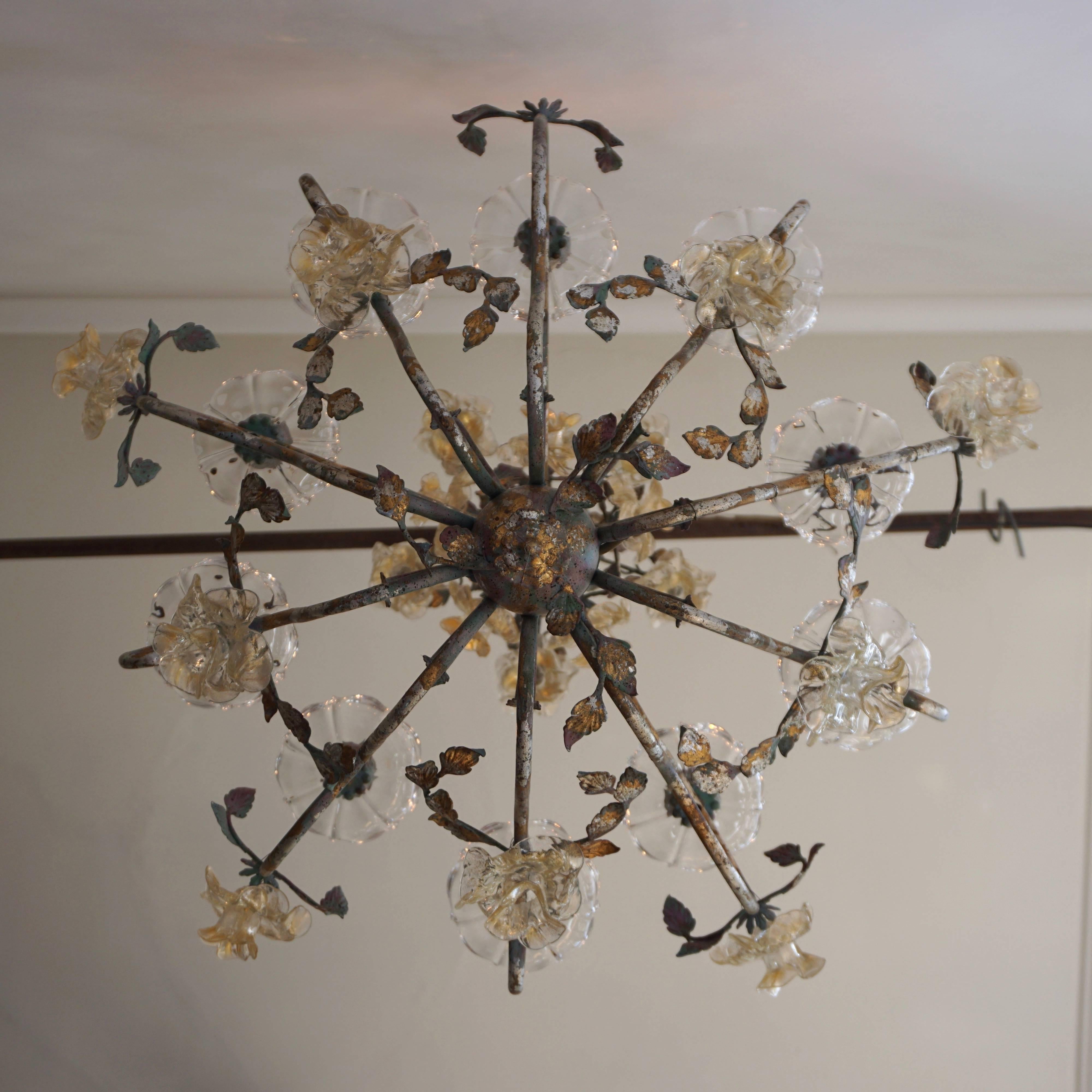 Mid-Century Modern Italian Chandelier with Glass Flowers For Sale
