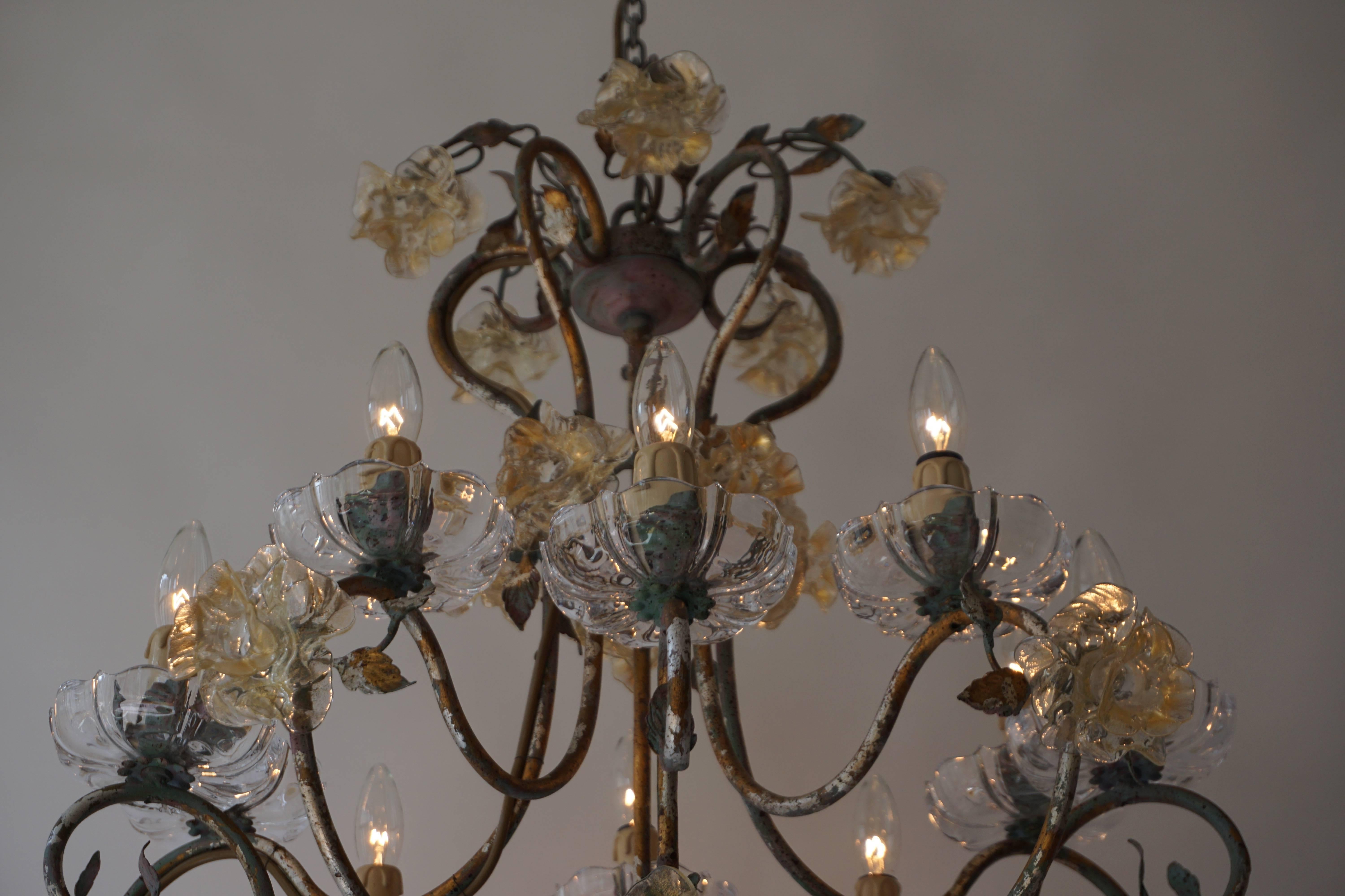 Murano Glass Italian Chandelier with Glass Flowers For Sale