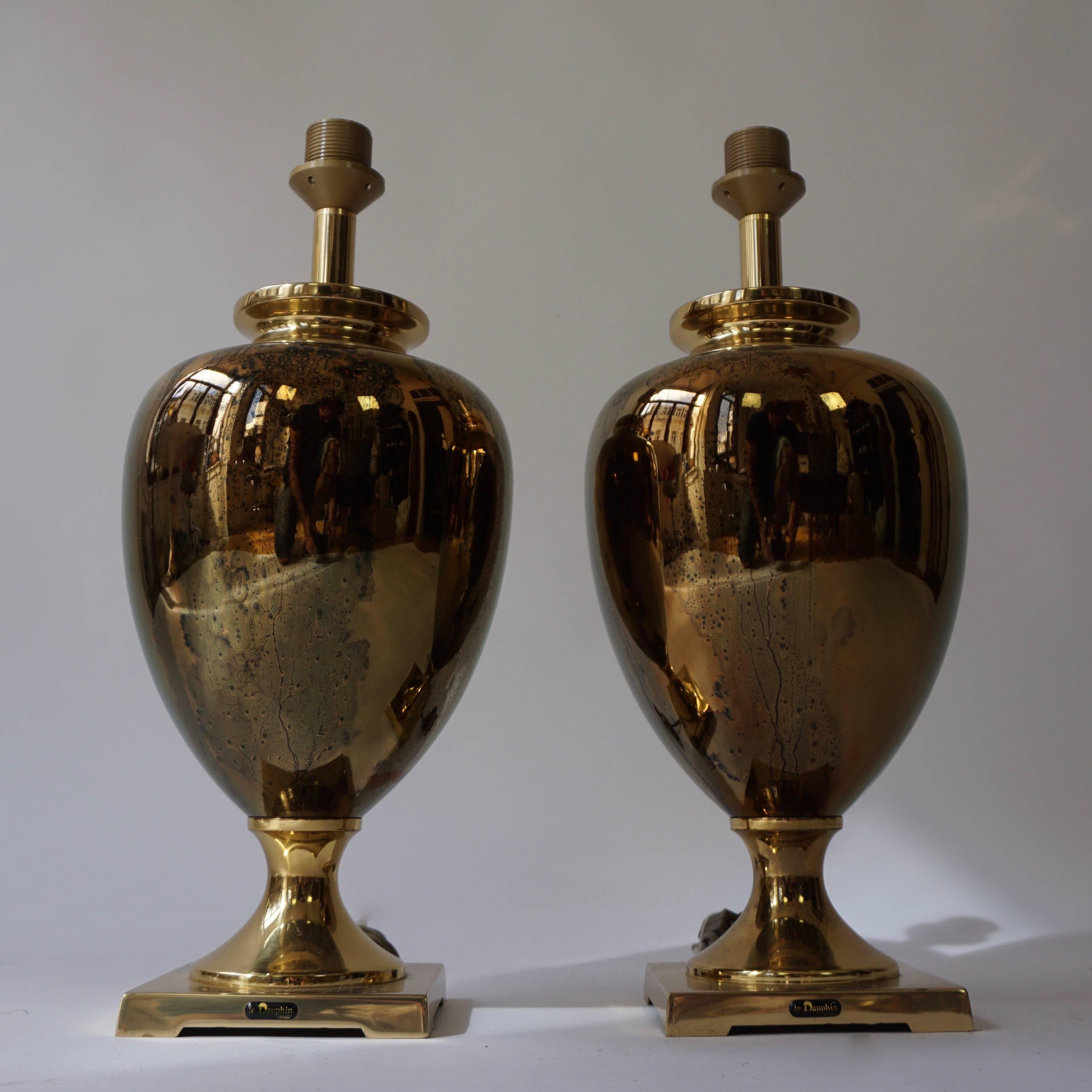 French Maison Le Dauphin Glass and Brass Table Lamps