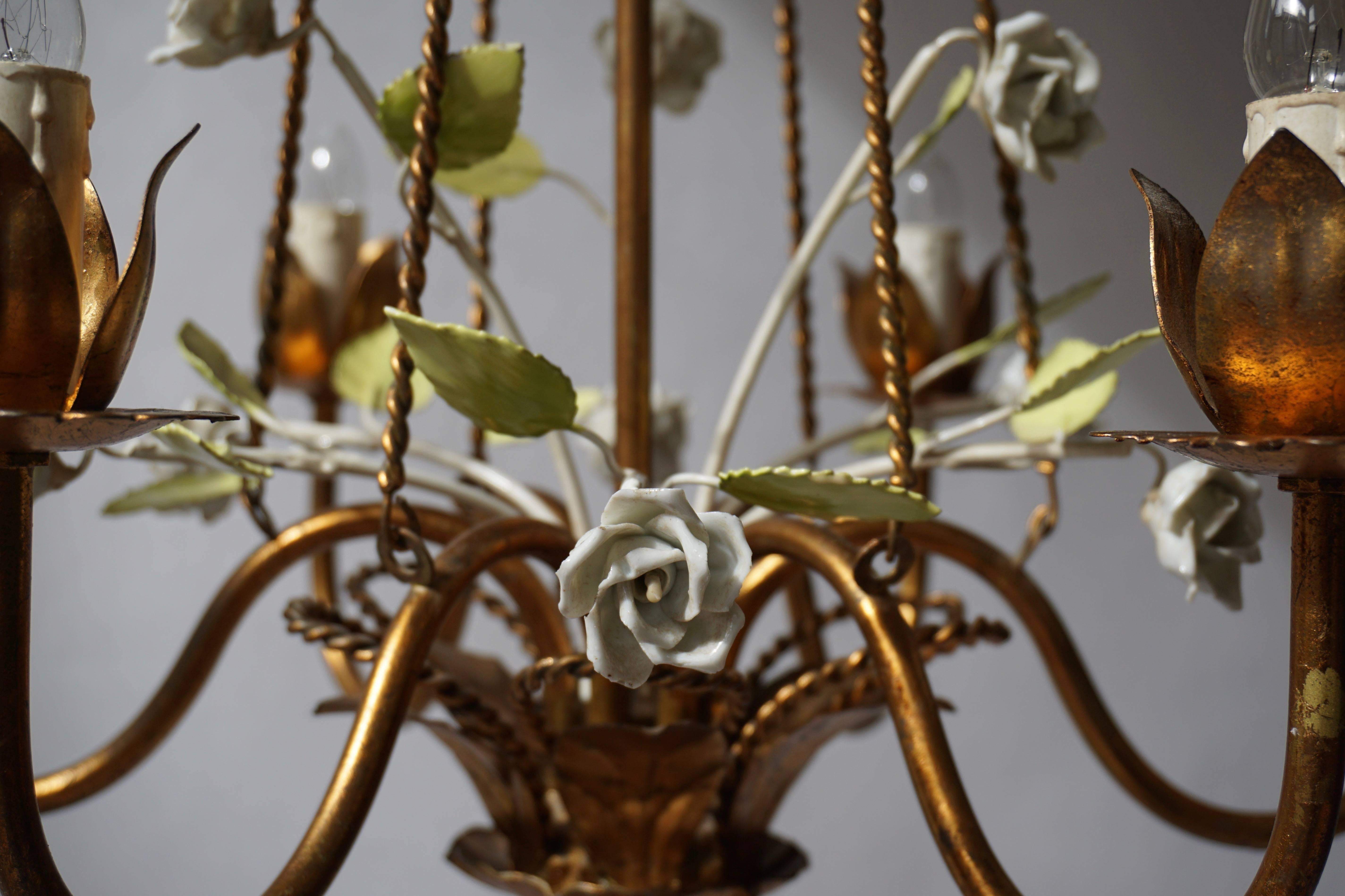 Italian Brass Chandelier with Porcelain Flowers For Sale 1
