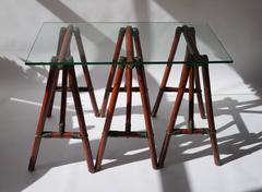 Side Table with Three Wooden Trestles