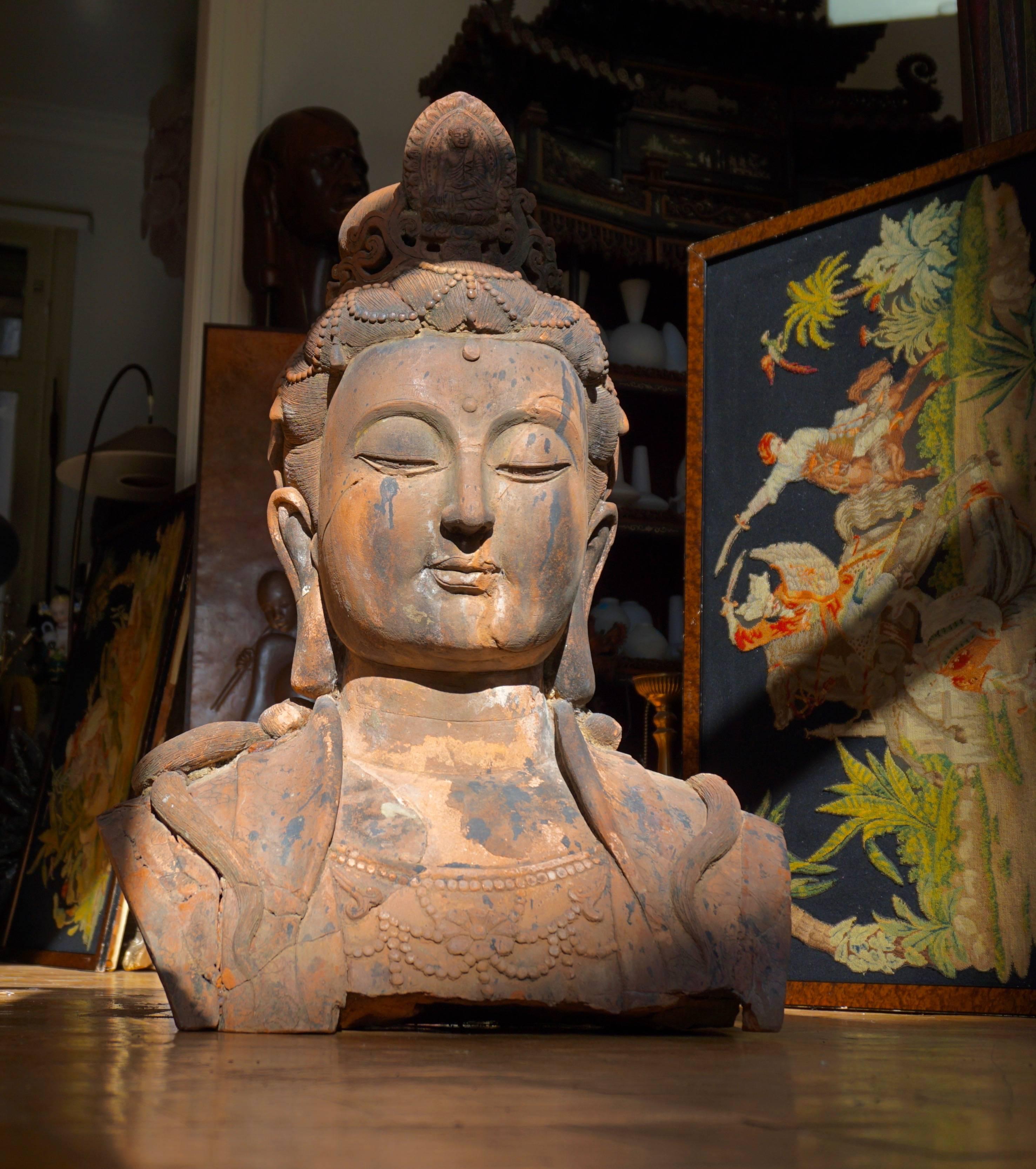 Chinese Larger Than Life Terracotta Buddha Bust of Guanyin, Early 20th Century, China For Sale