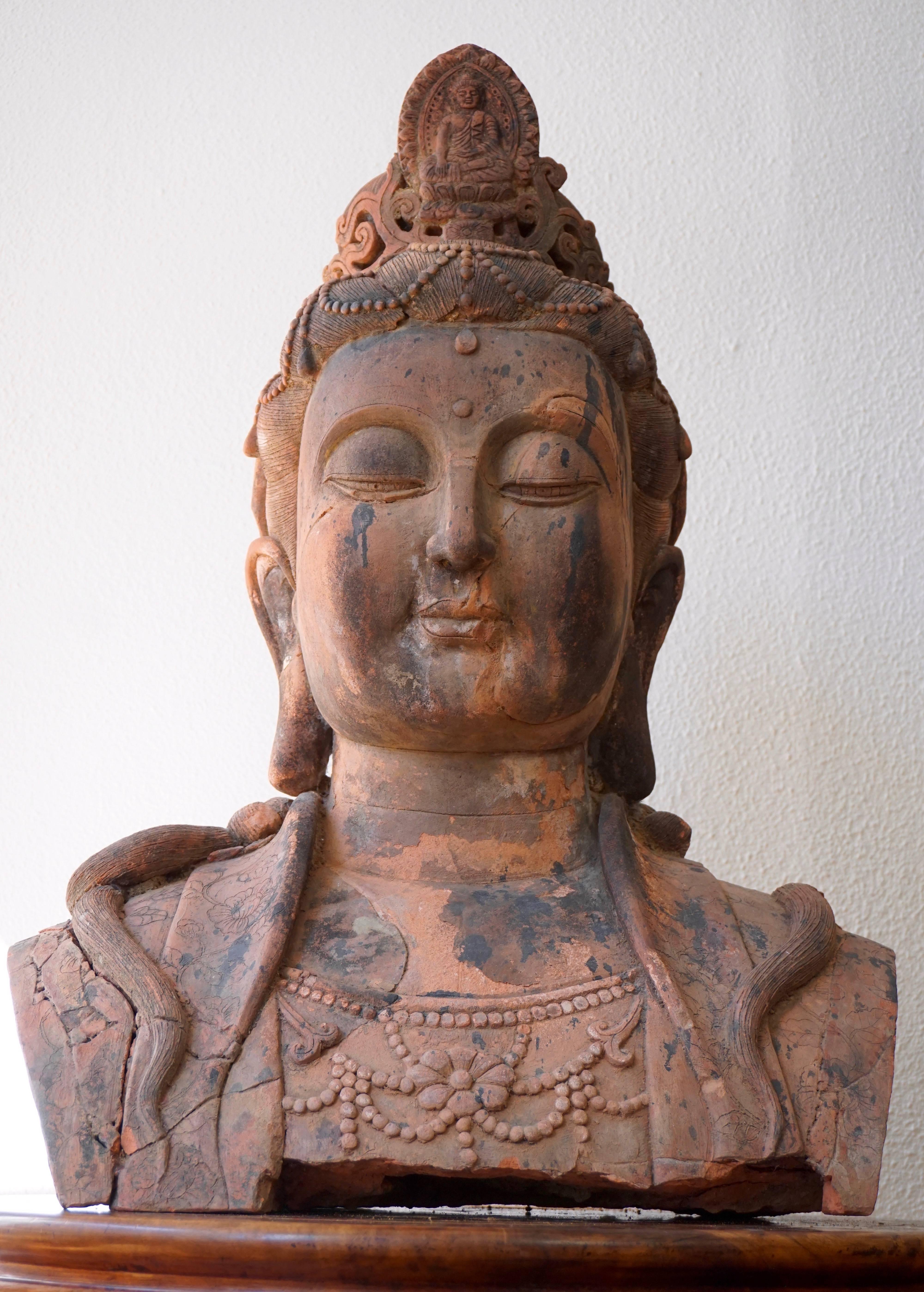 Hand-Crafted Larger Than Life Terracotta Buddha Bust of Guanyin, Early 20th Century, China For Sale