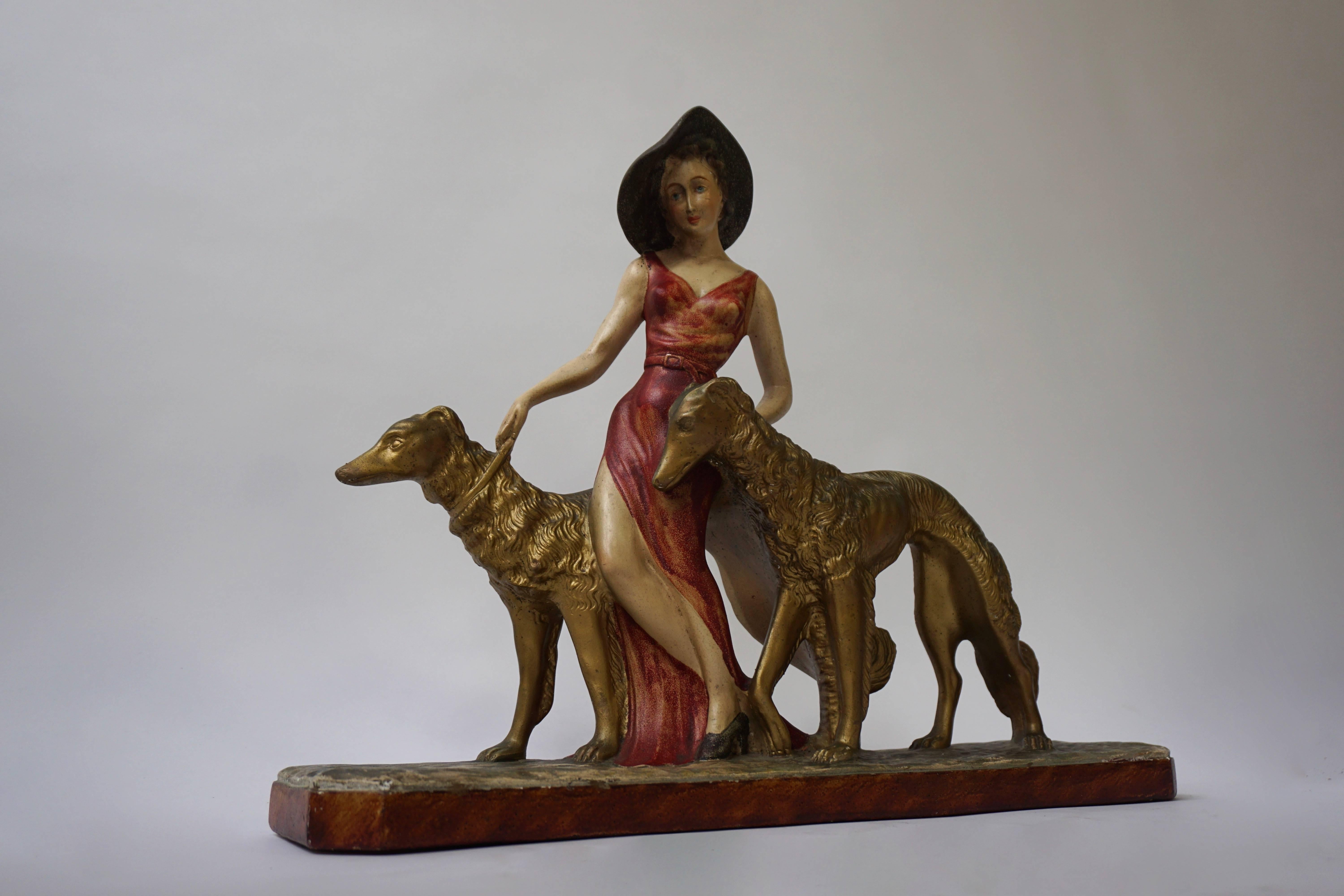 Painted Plaster Art Deco Figure of a Lady Walking Her Two Greyhounds, circa 1930 In Good Condition In Antwerp, BE