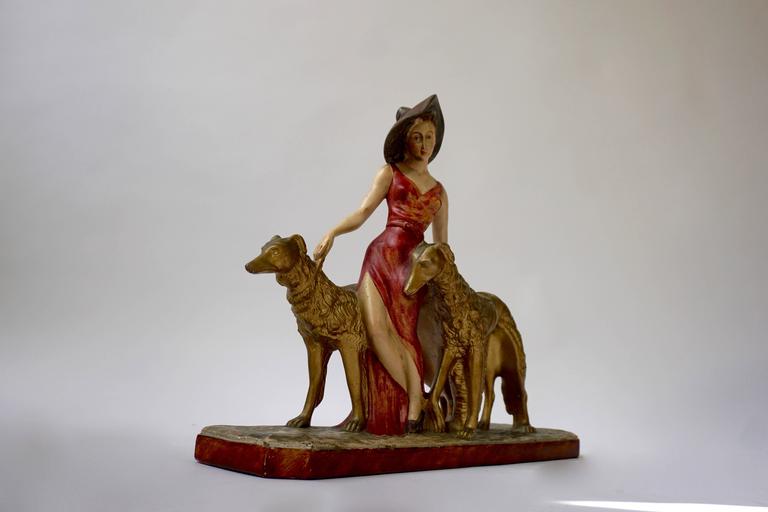 Painted Plaster Art Deco Figure of a Lady Walking Her Two Greyhounds, circa 1930 at 1stDibs