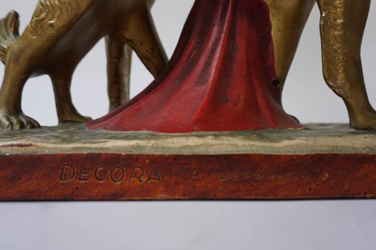 Painted Plaster Art Deco Figure of a Lady Walking Her Two Greyhounds, circa 1930 at 1stDibs