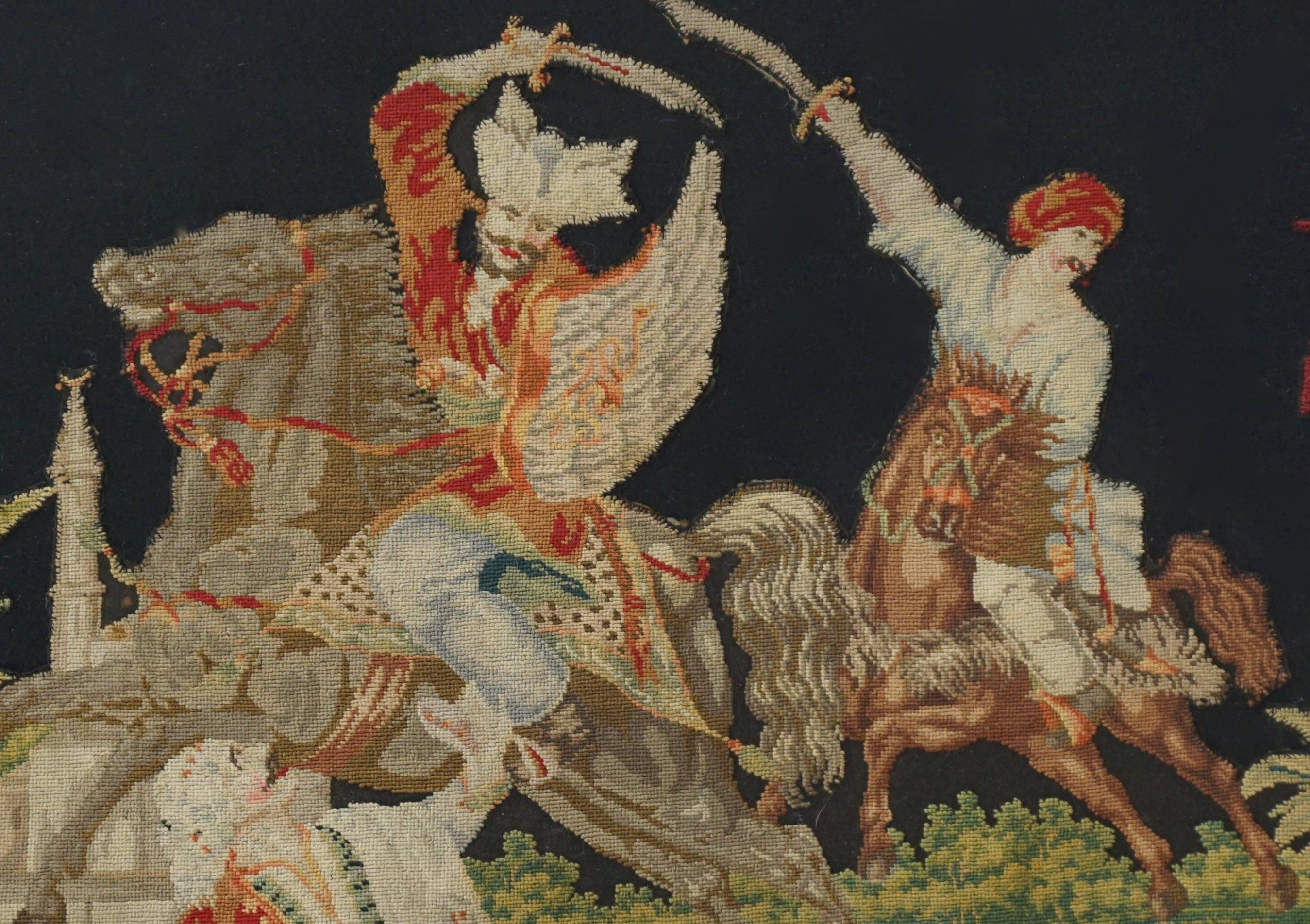 Tessuto Coppia di pannelli cuciti a punto grosso raffiguranti scene orientaliste in vendita