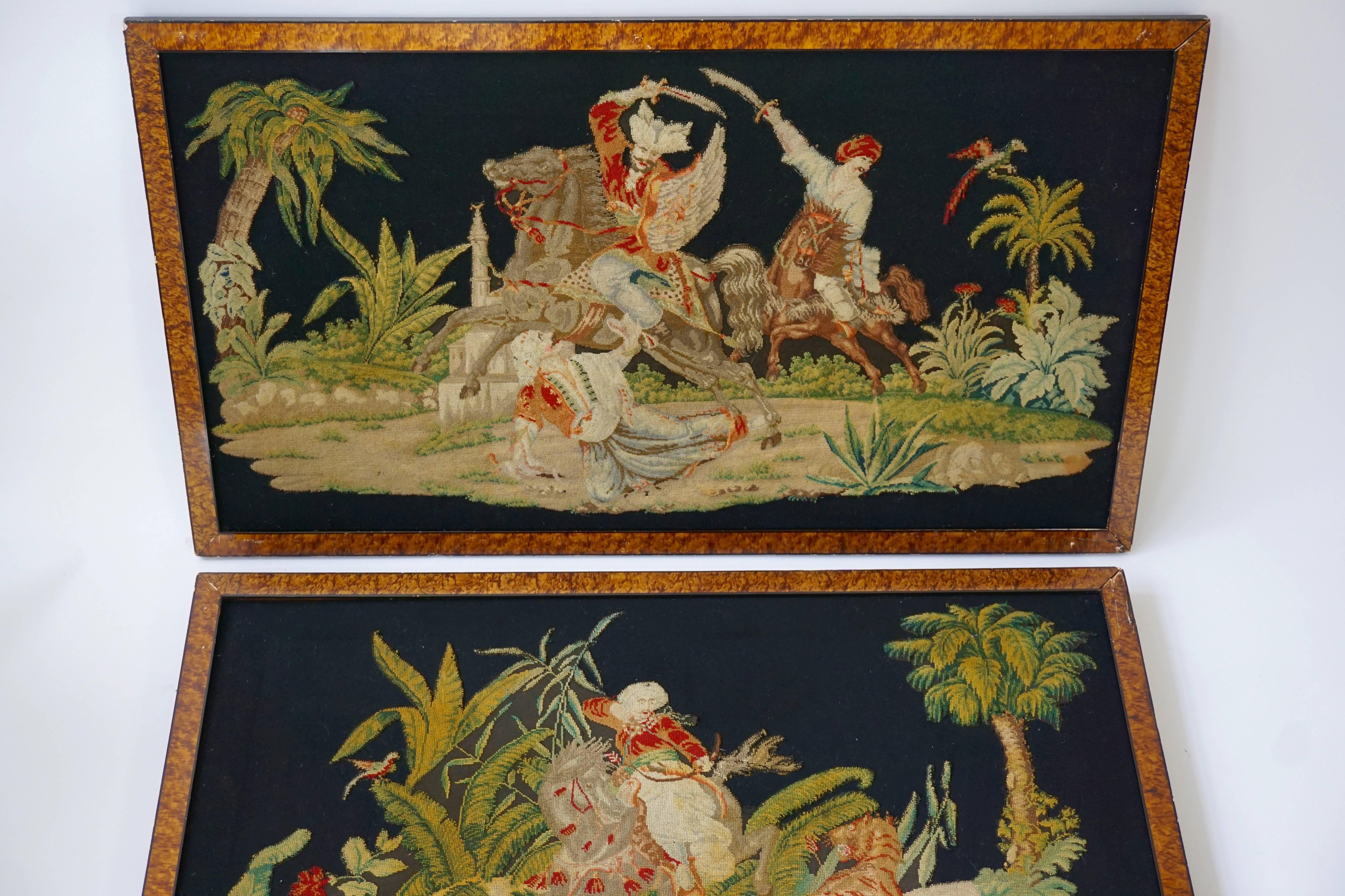 19th Century Pair of Gros-Point Stitched Panels Representing Orientalist Scenes  For Sale