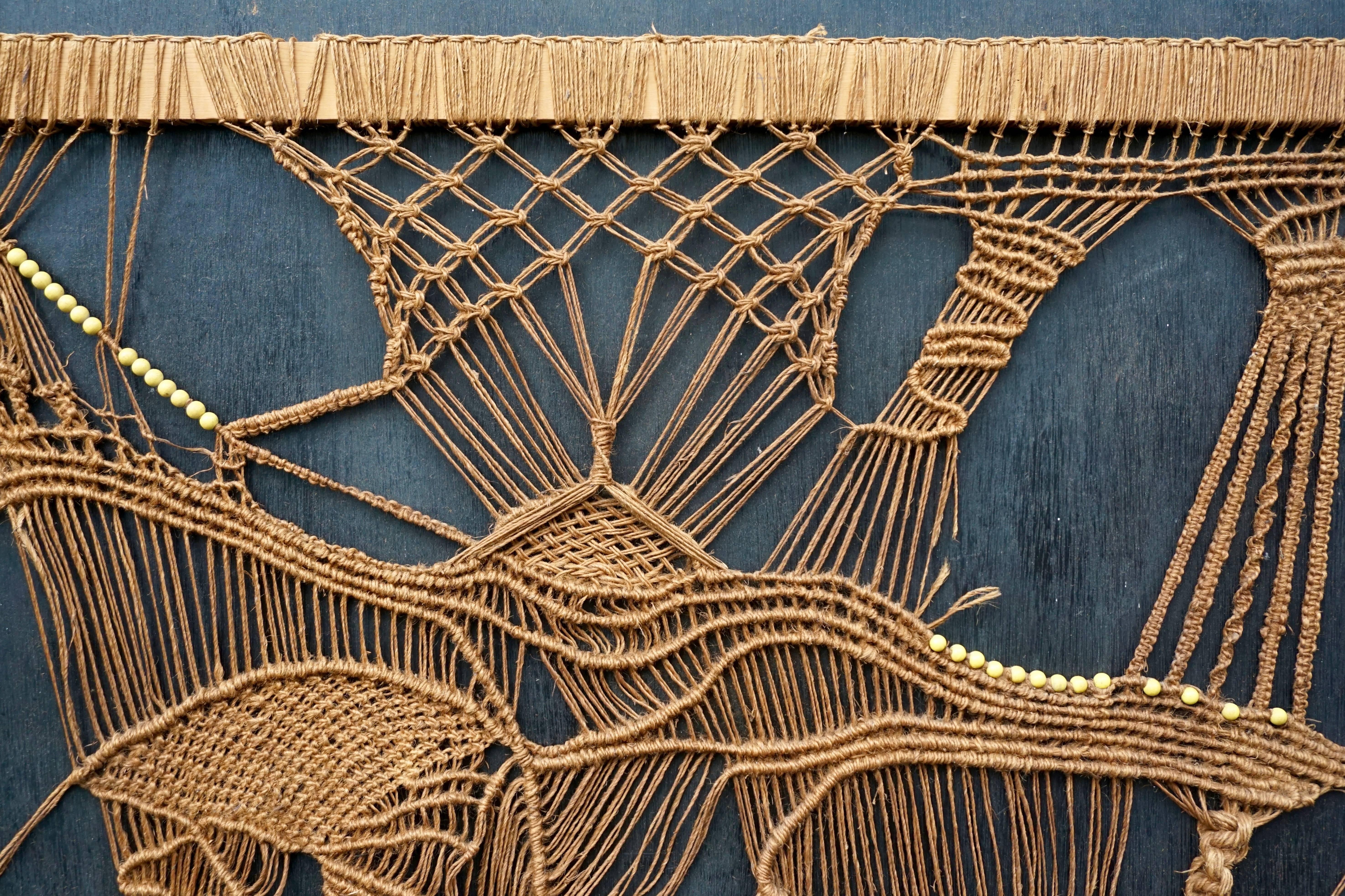 Mid-Century Modern 1970s Macramé Panel of Woven and Beaded Rope Tapestry