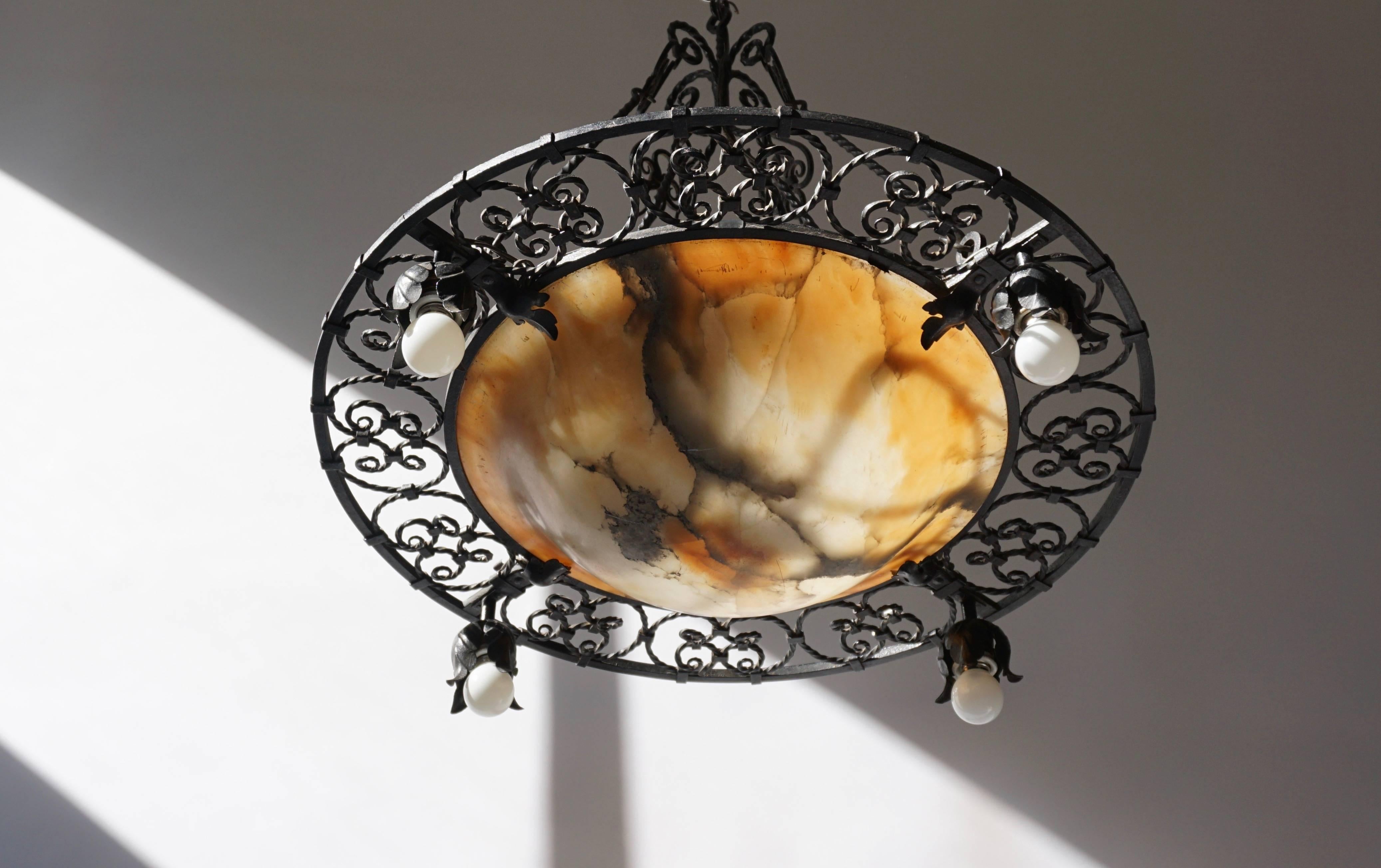 Belgian Wrought Iron and Alabaster Art Deco Chandelier For Sale