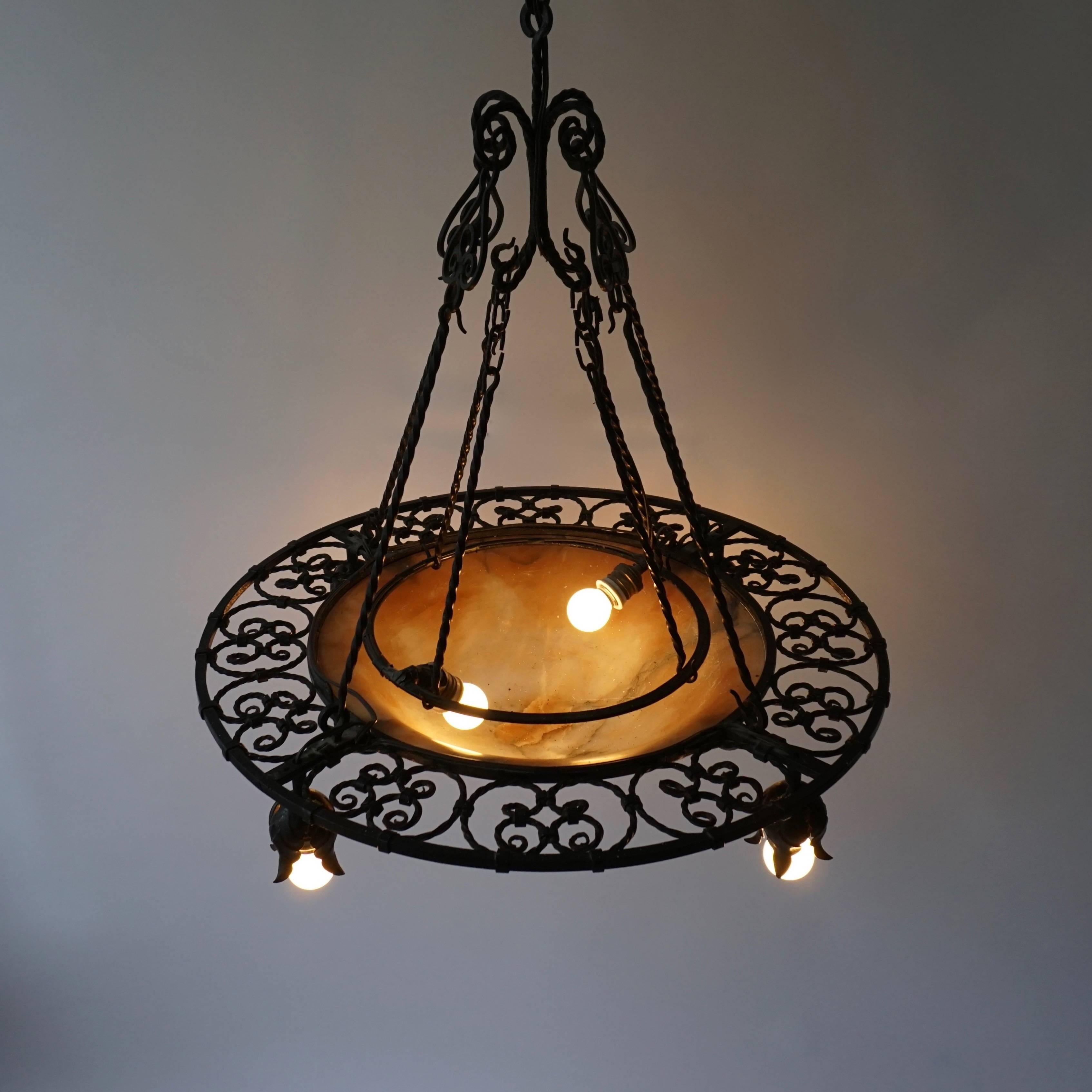 Wrought Iron and Alabaster Art Deco Chandelier For Sale 4