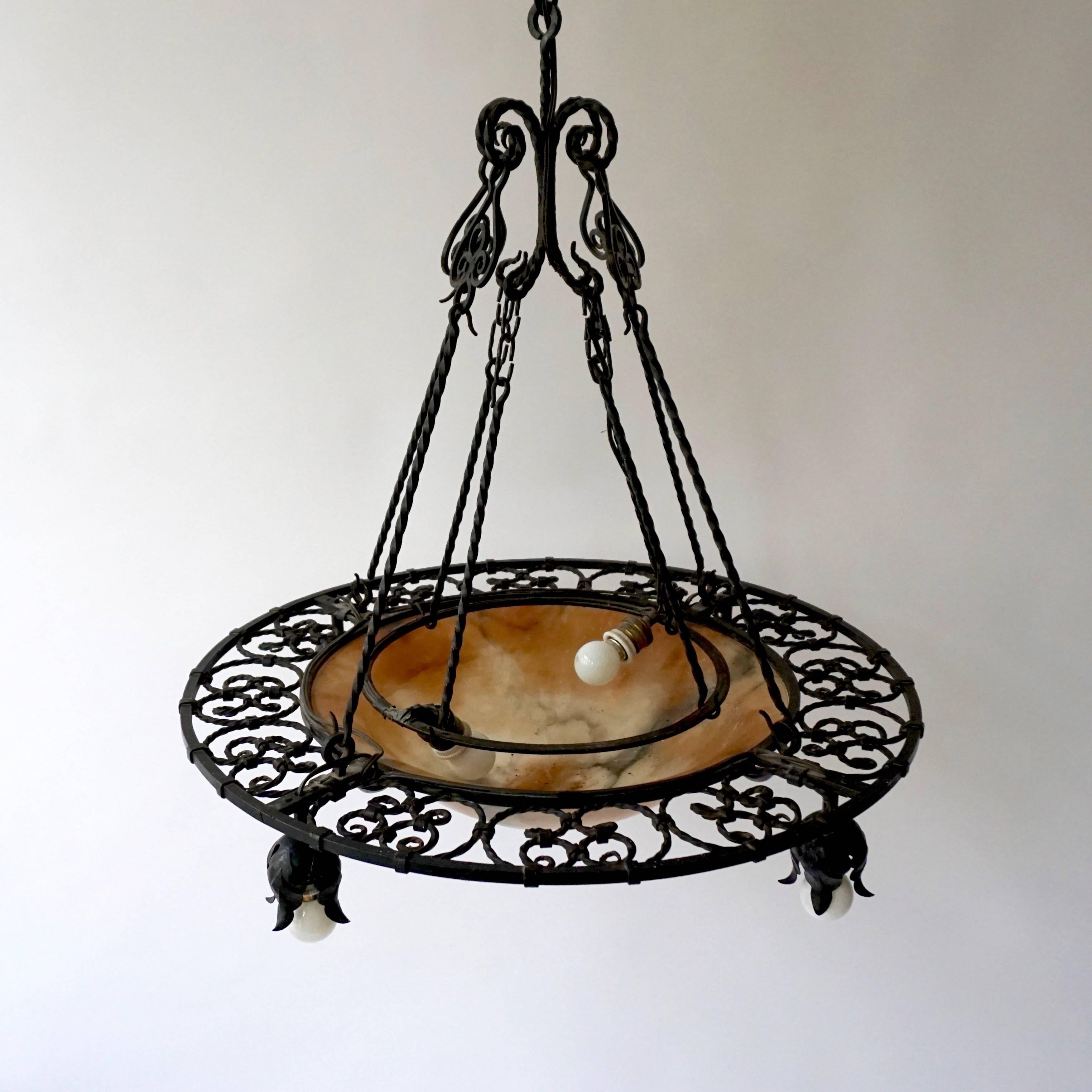 Wrought Iron and Alabaster Art Deco Chandelier For Sale 5