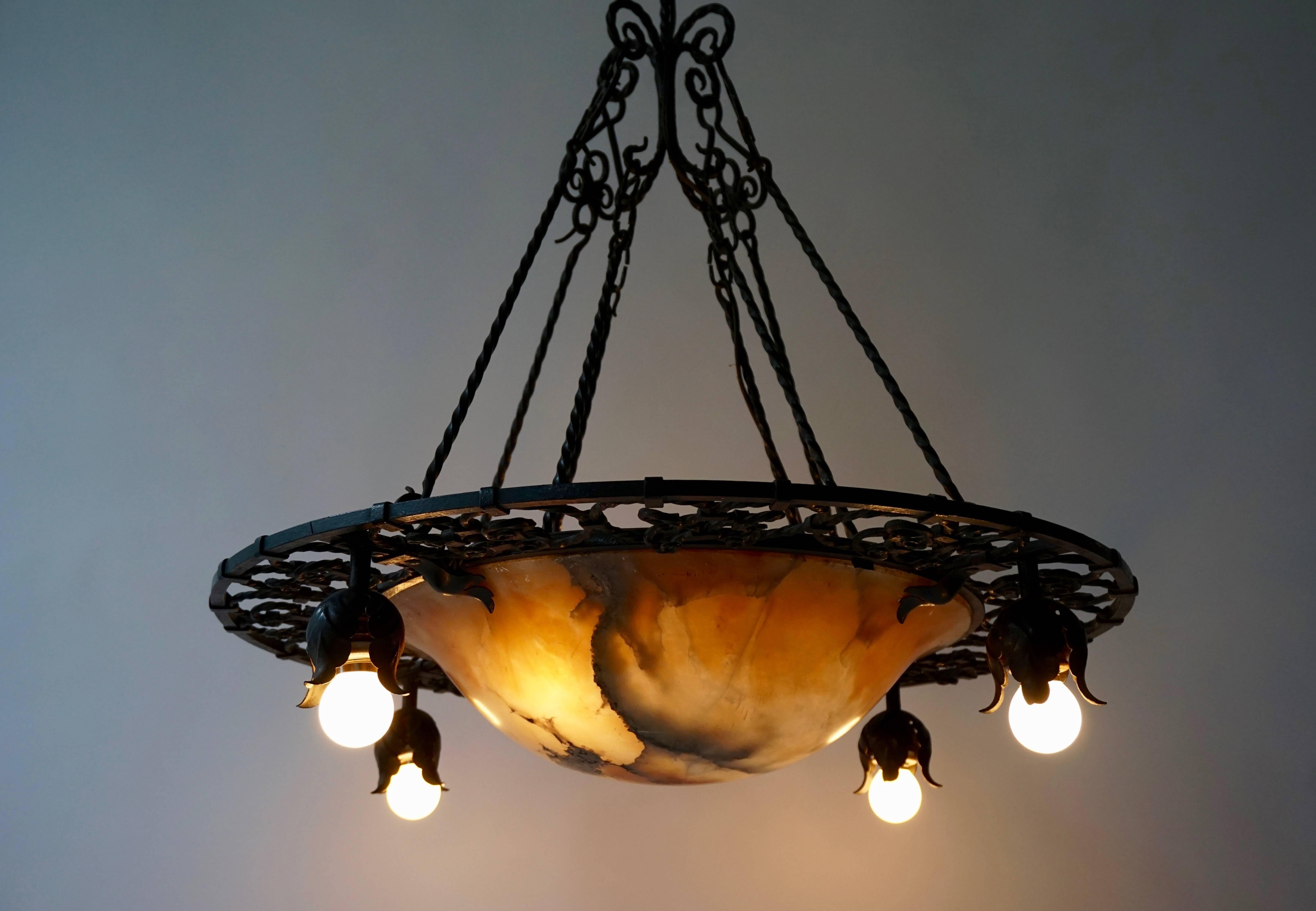 Wrought Iron and Alabaster Art Deco Chandelier For Sale 3