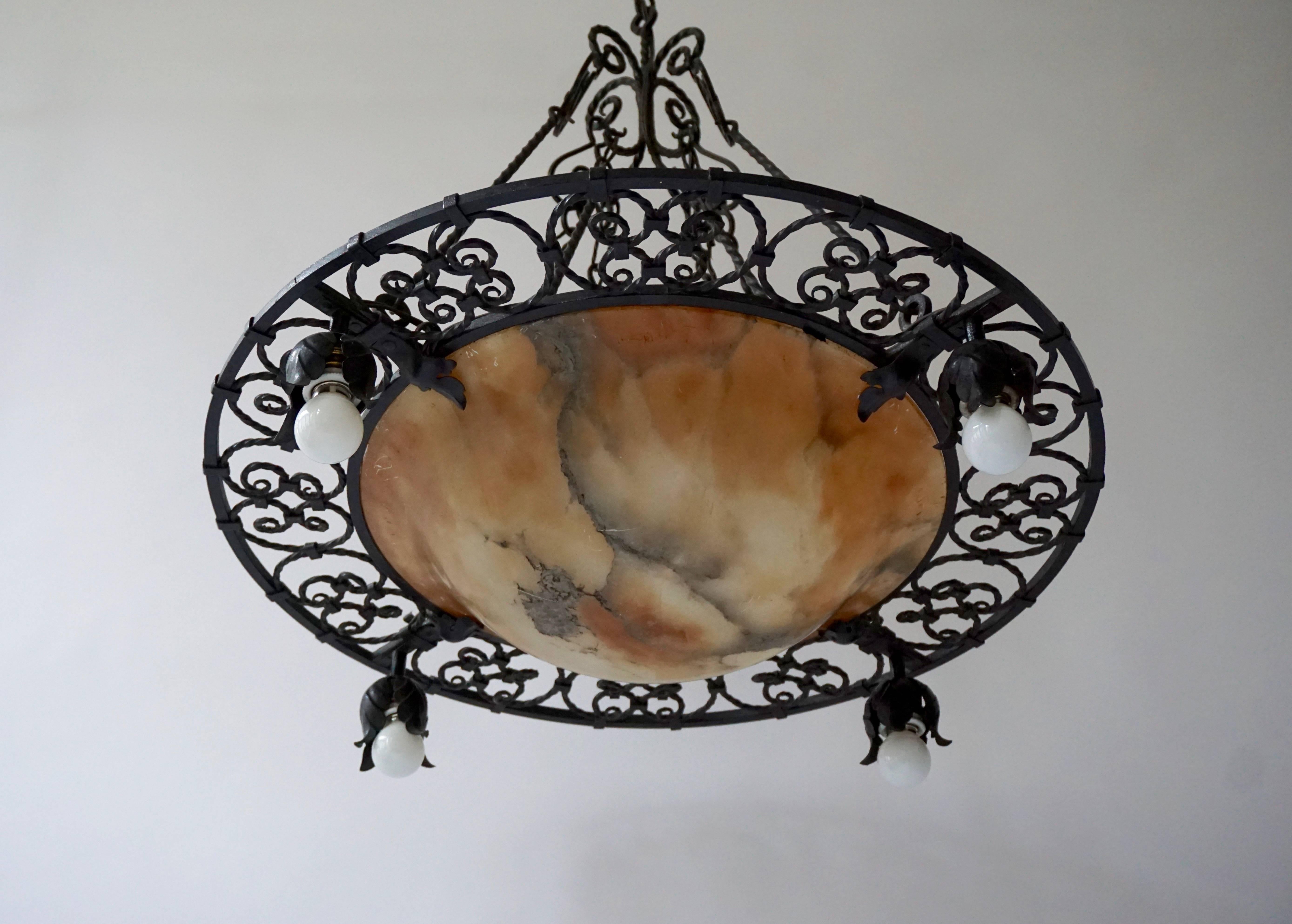 Wrought Iron and Alabaster Art Deco Chandelier For Sale 2