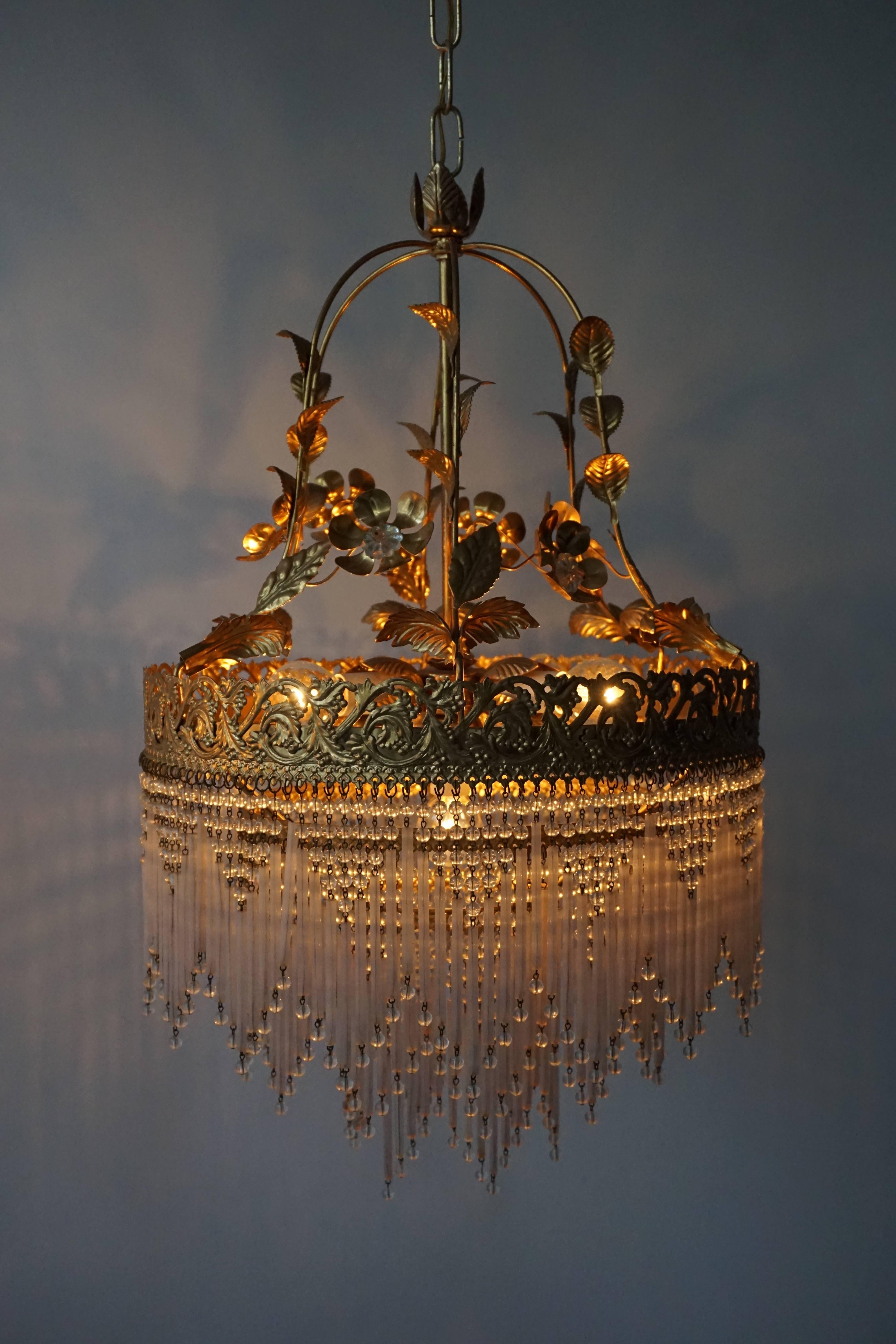 Mid-Century Modern Italian Glass and Brass Chandelier For Sale