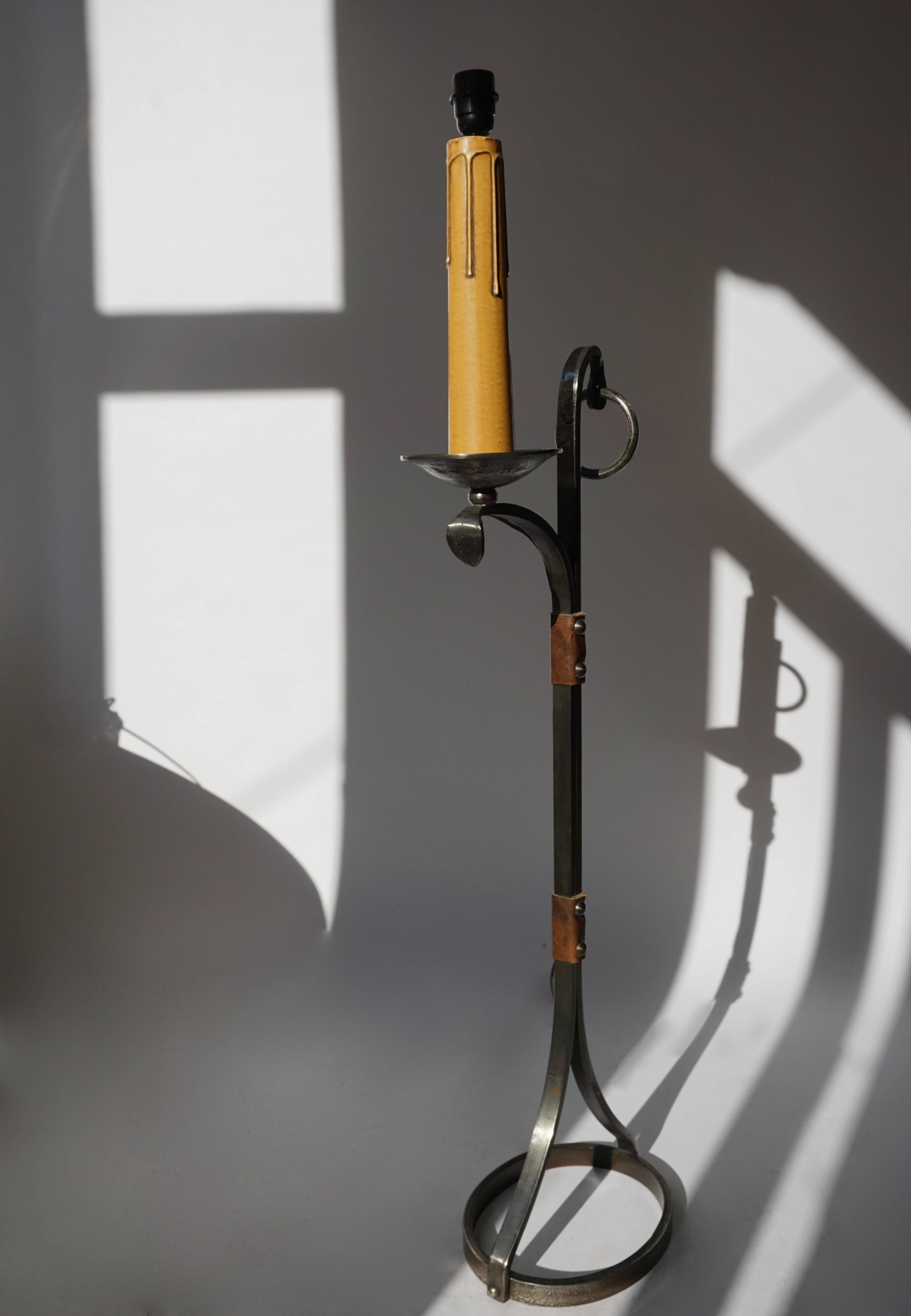 French Jacques Adnet Style Iron and Leather Floor Lamp, 1950s-1960s, France For Sale