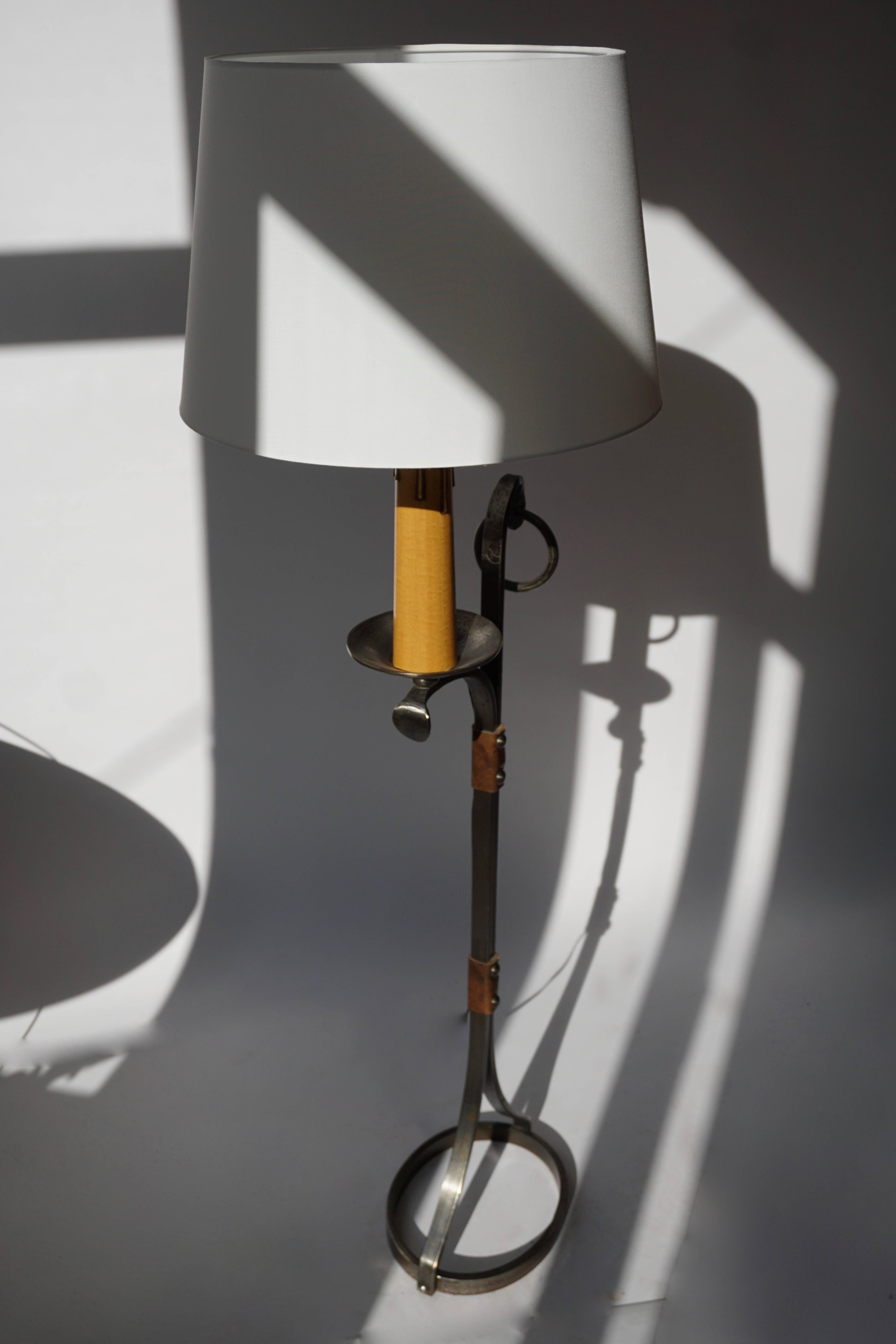 Mid-Century Modern Two Jacques Adnet Style Iron and Leather Floor Lamp, 1950s-1960s, France For Sale