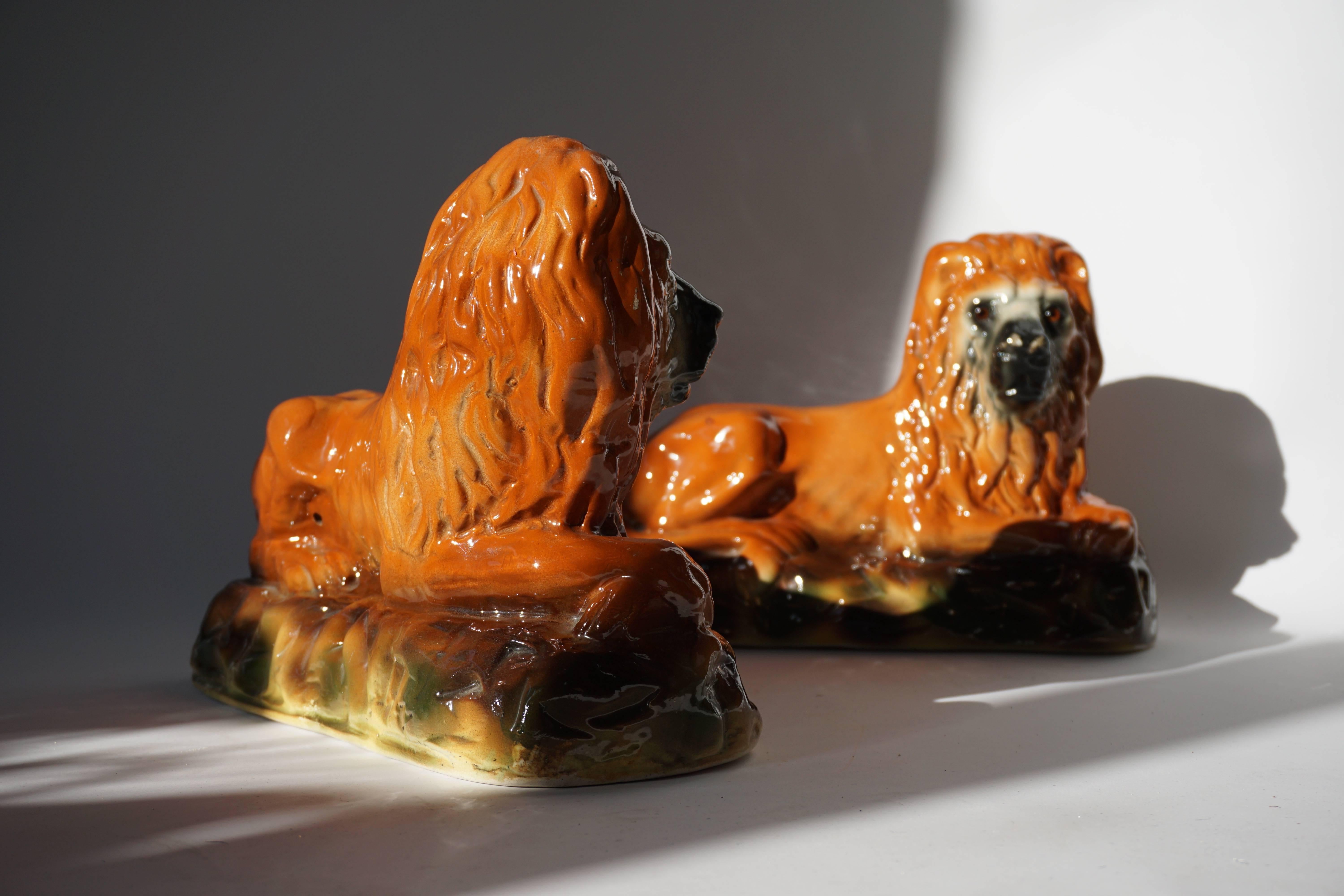Mid-Century Modern Two Ceramic Lions For Sale