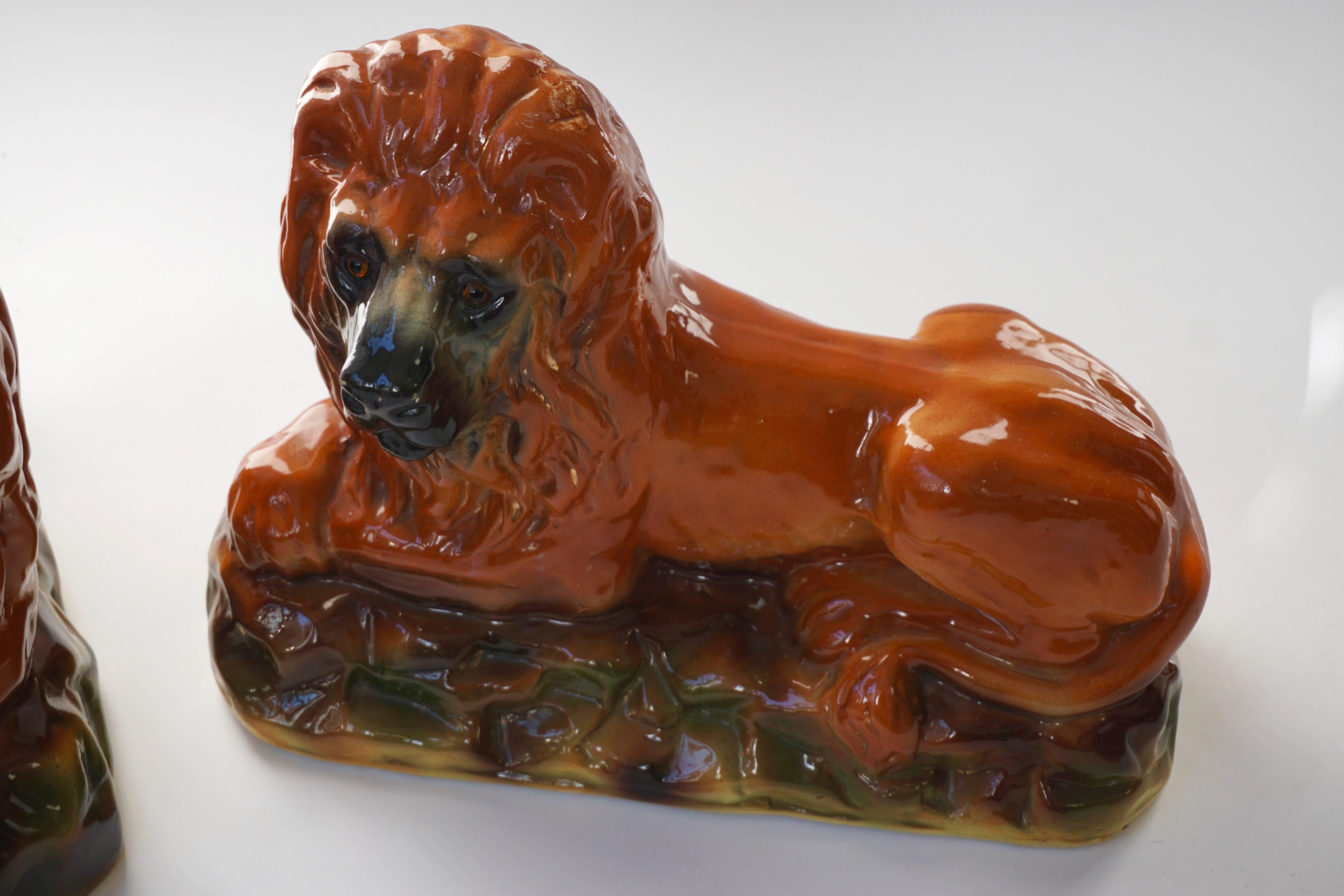 Glazed Two Ceramic Lions For Sale