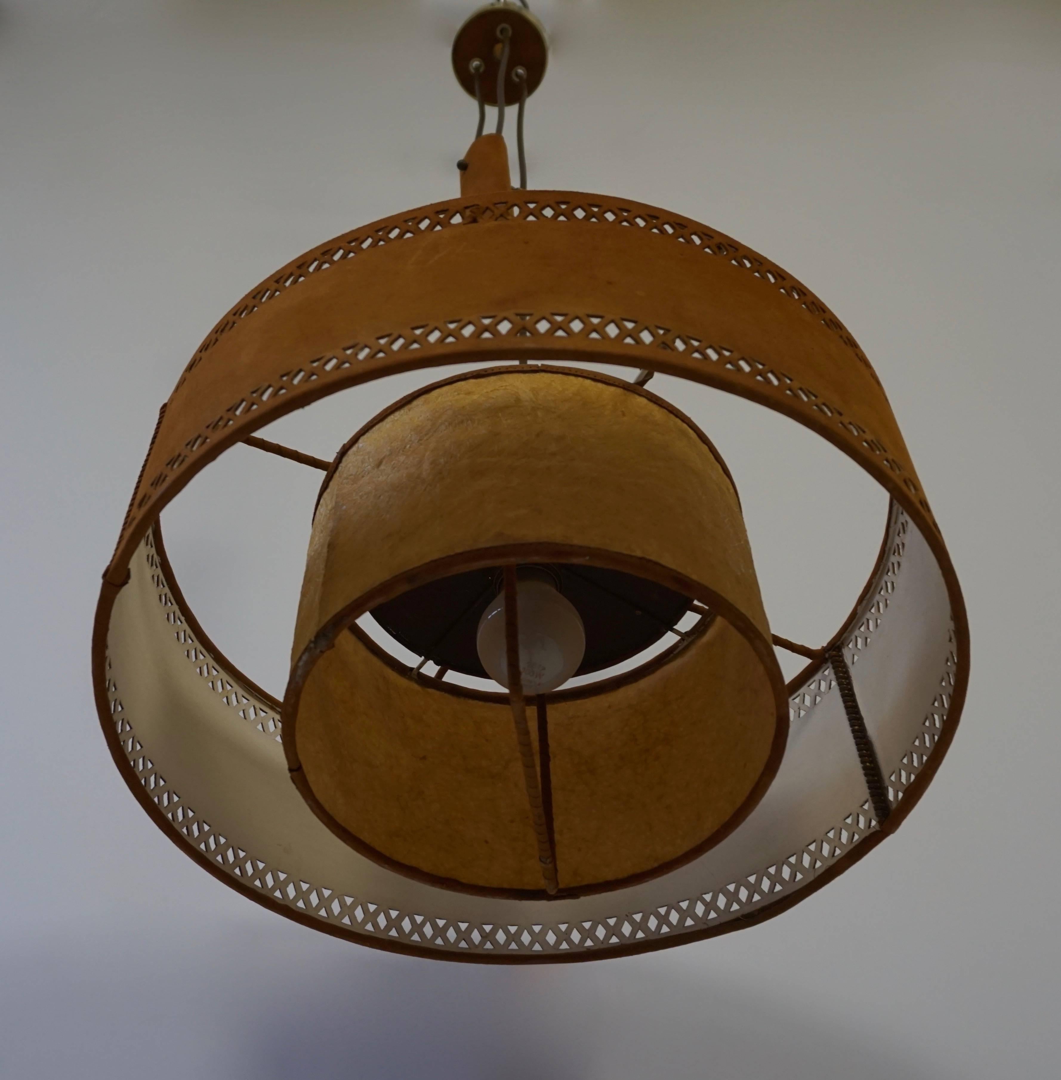 Italian Rare Adjustable Ceiling Light in Brass and Suede