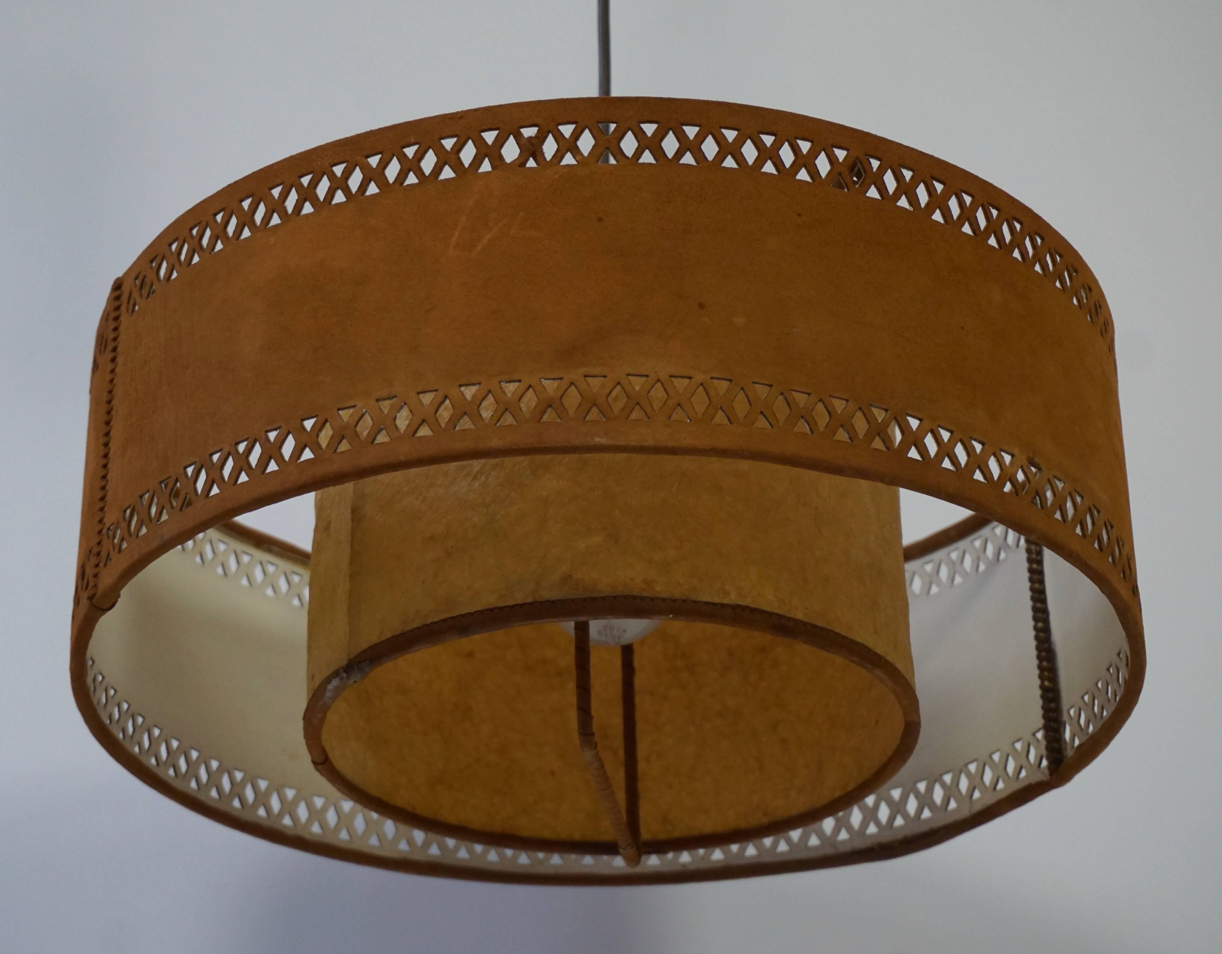 Rare Adjustable Ceiling Light in Brass and Suede In Good Condition In Antwerp, BE