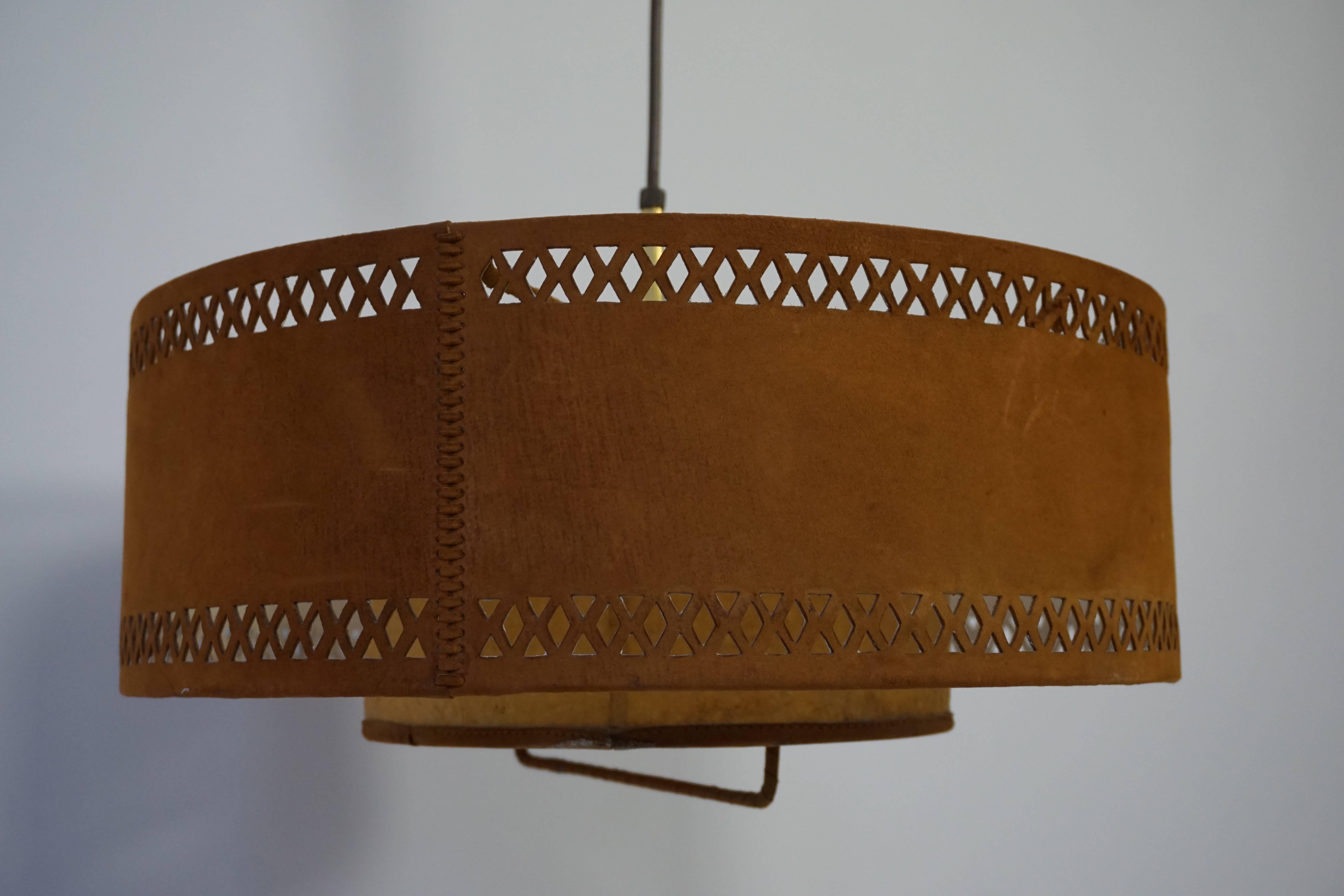 20th Century Rare Adjustable Ceiling Light in Brass and Suede