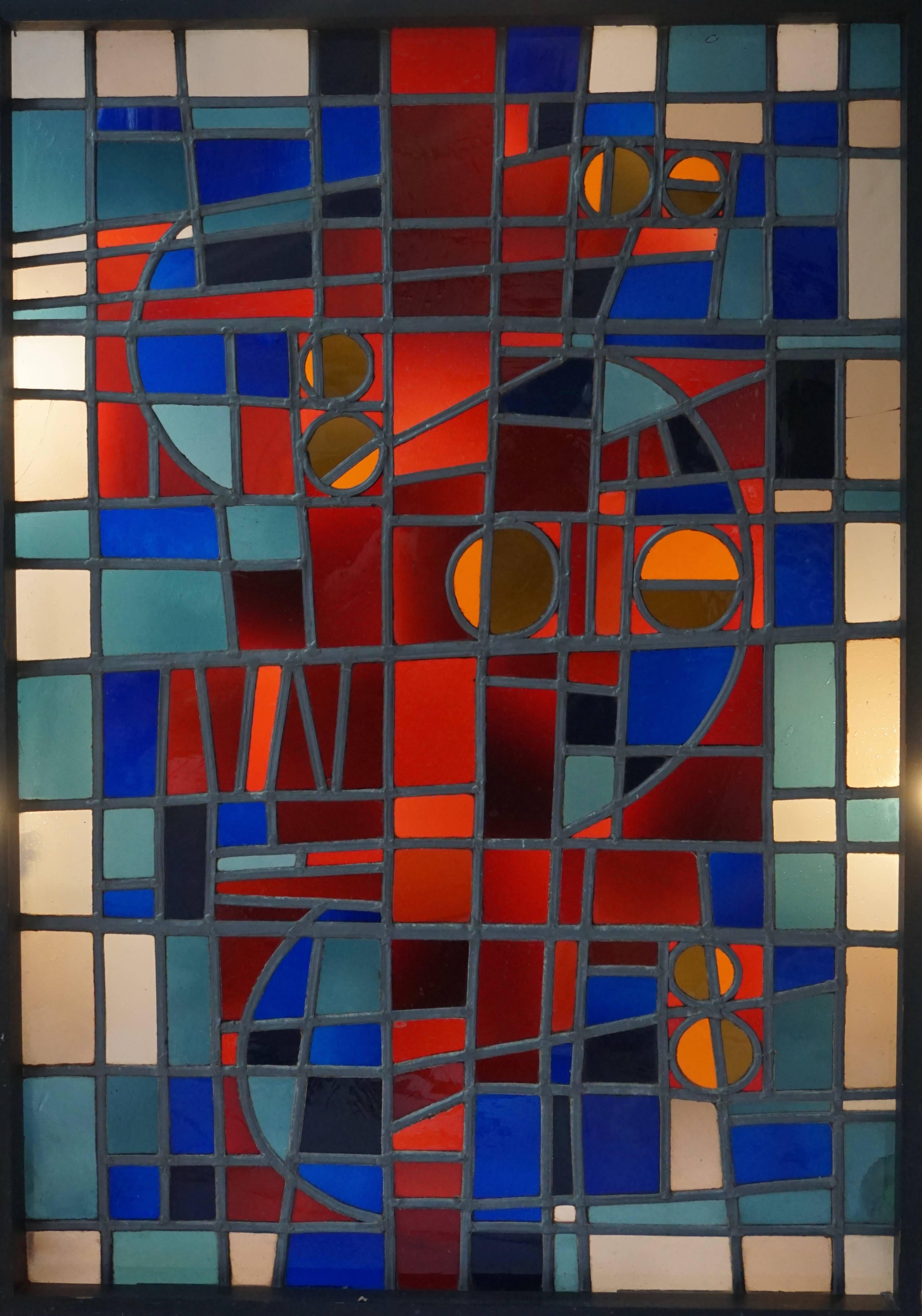 Beautiful stained glass window.

The weight is 9kg.
The dimensions of the frame are:height 102 cm - (40.16 inch)  - width 72 cm - ( 28.35 inch) - depth 6 cm.
The dimensions of the glass are:height 100 cm (39.37 inch) - width 70 cm (27.55 inch)
