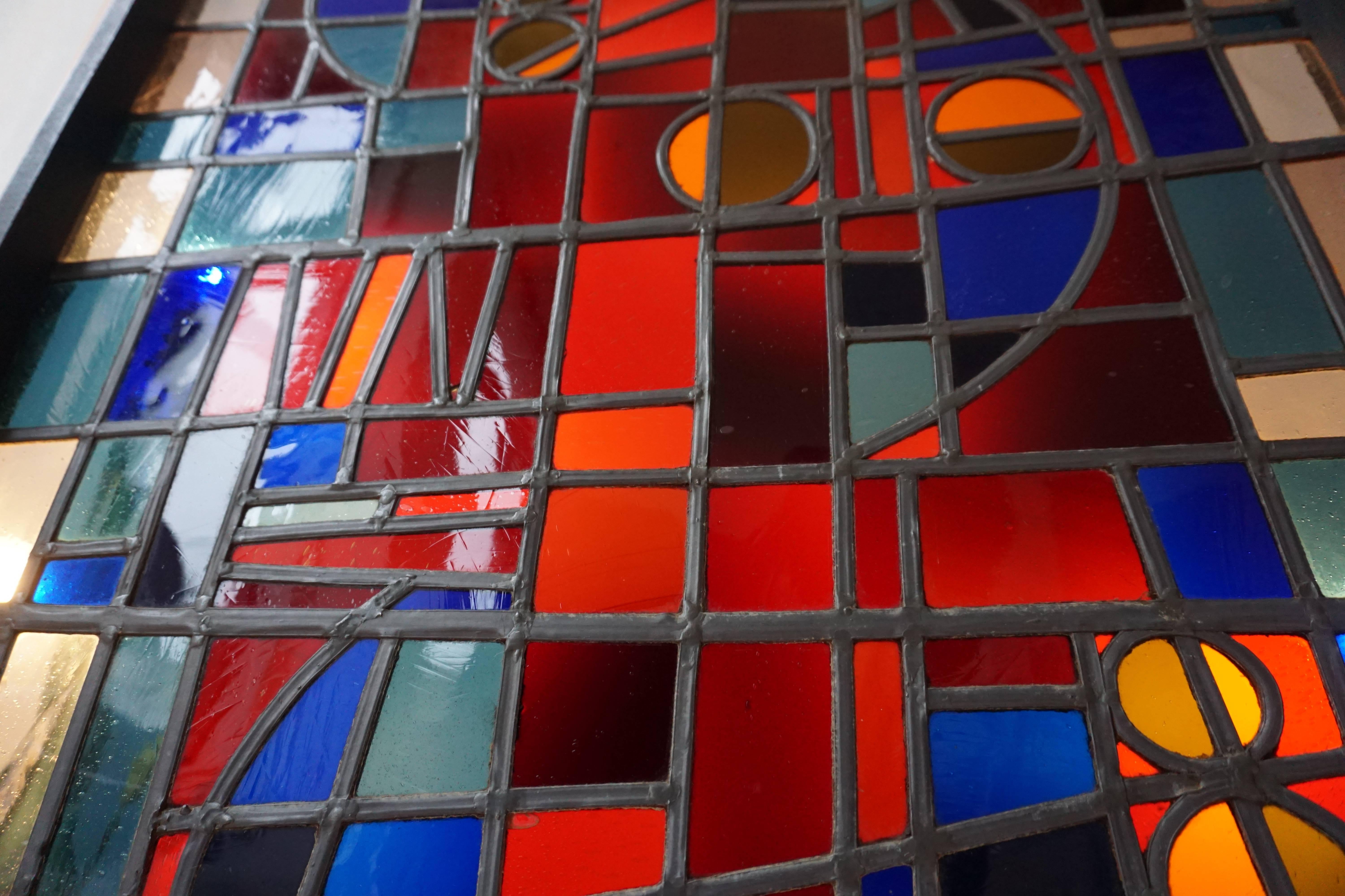 Mid-Century Modern Large Stained Glass Window Panel