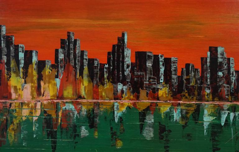 European New York Skyline Painting, Signed 1971 For Sale