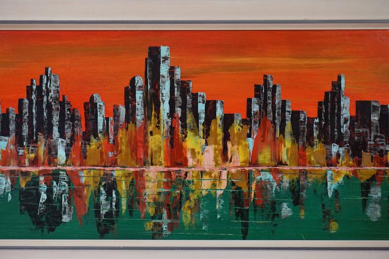 Mid-Century Modern New York Skyline Painting, Signed 1971 For Sale