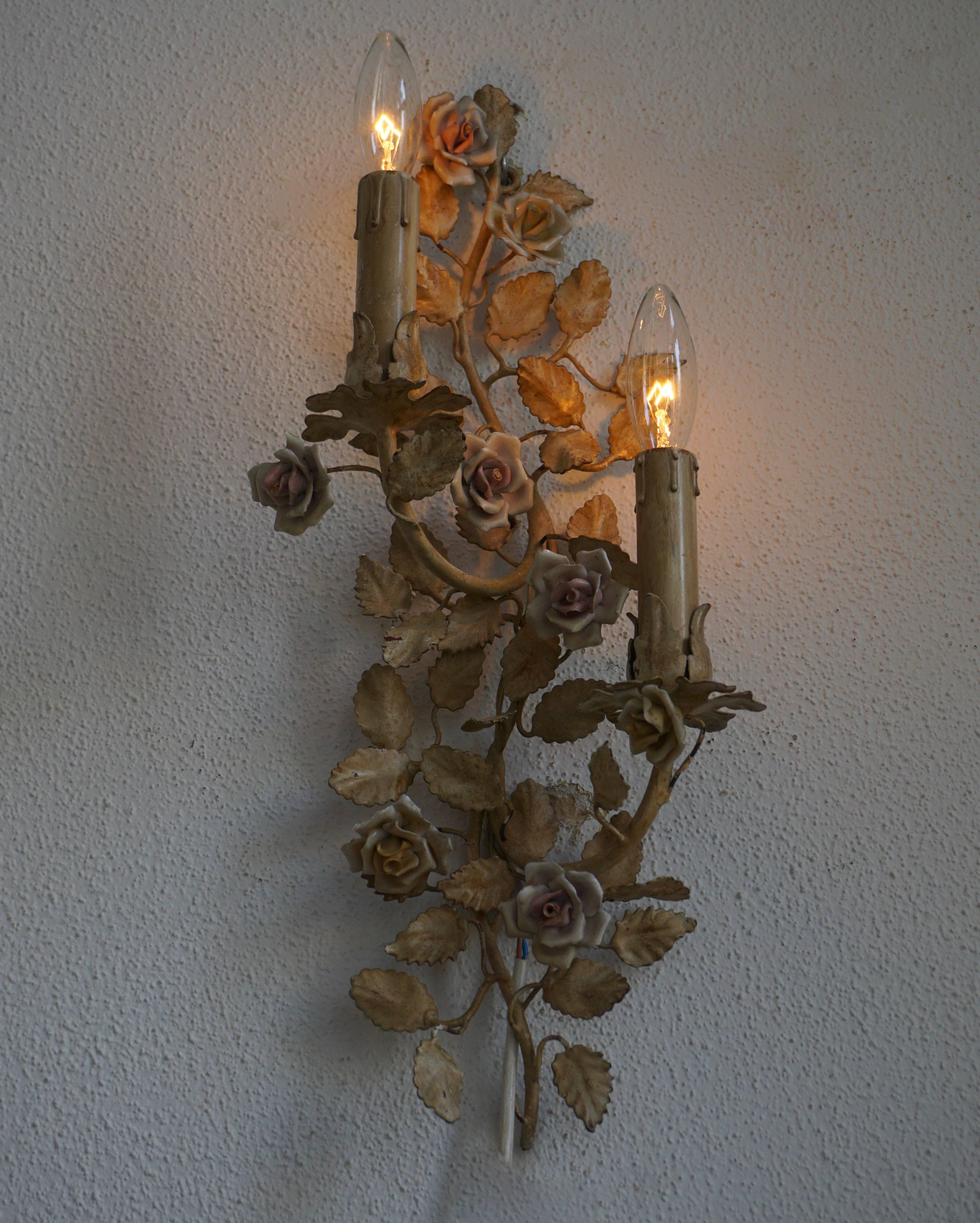 Mid-Century Modern Pair of Metal Leaf and Flower Wall Sconce